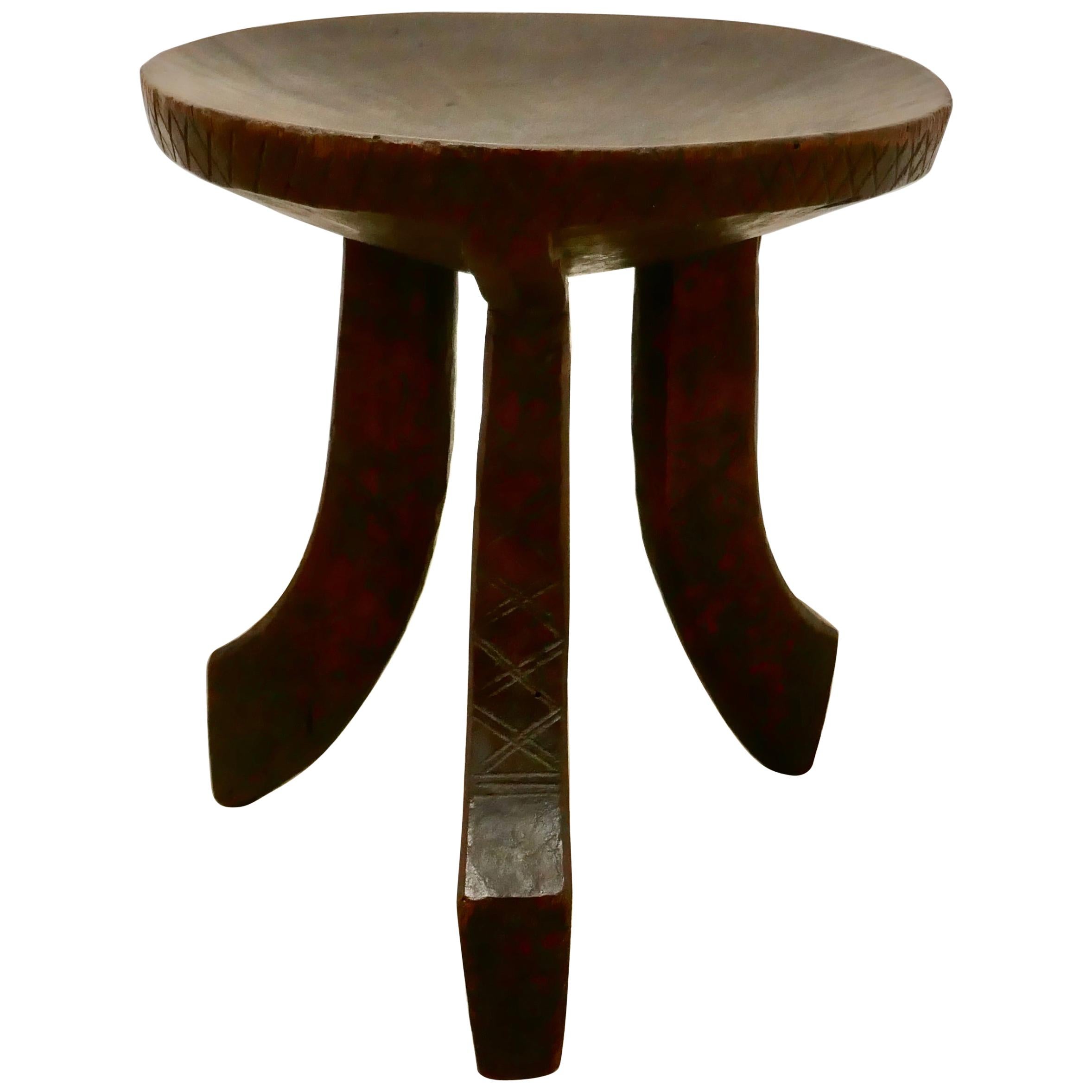 Carved Solid Wood African 3-Legged Stool