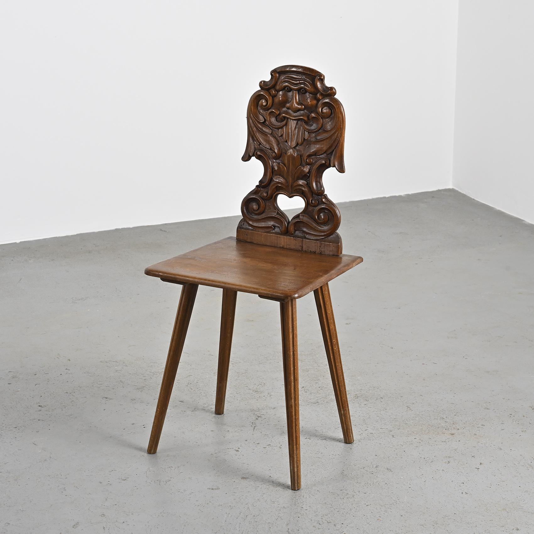 20th Century Carved solid wood escabelle, Swiss Alps, circa 1950 For Sale