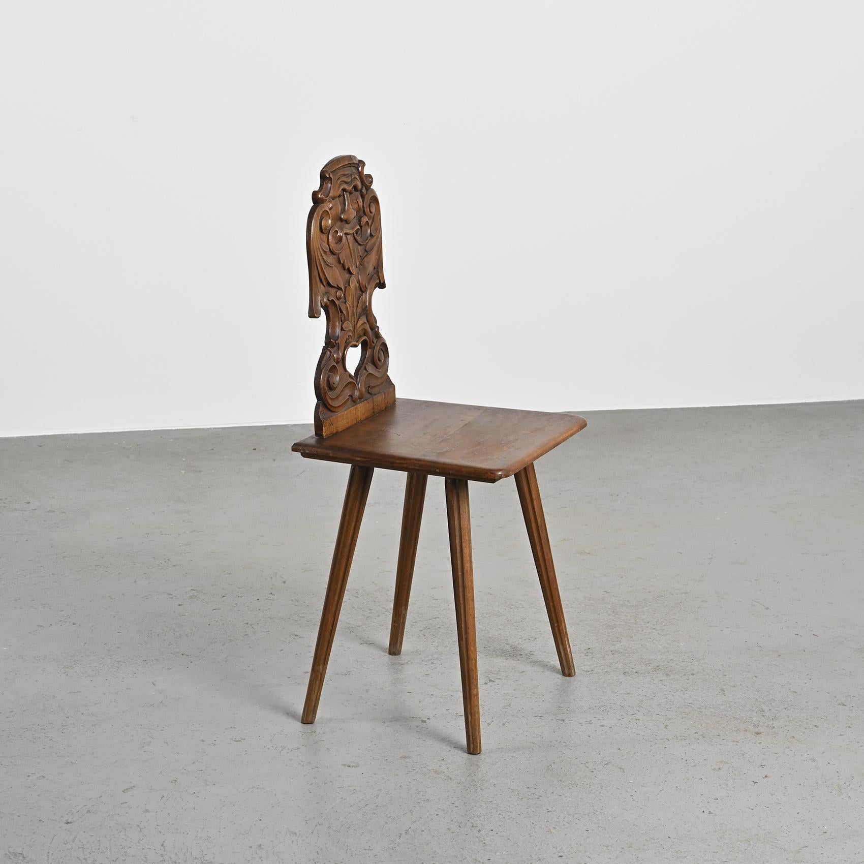 Wood Carved solid wood escabelle, Swiss Alps, circa 1950 For Sale
