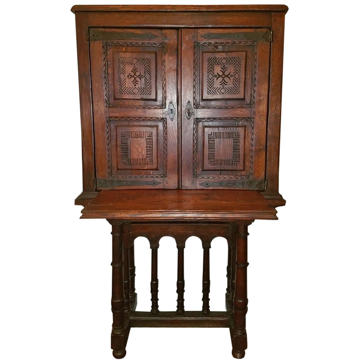 Carved Spanish Oak Writing Cabinet, Estate of Vincente Blasco Ibanez For Sale