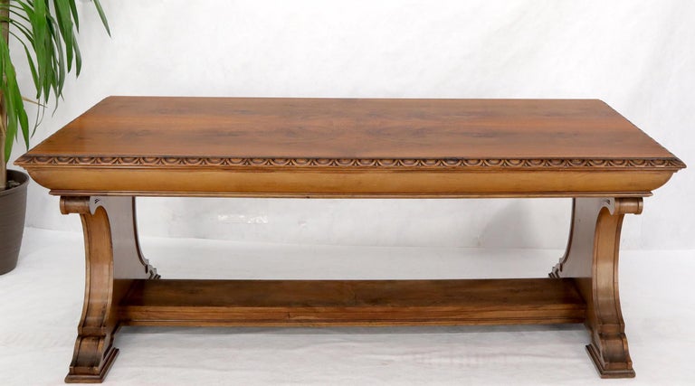 Fine Italian or Spanish carved walnut library or farm table or desk. Stunning walnut wood grain pattern.