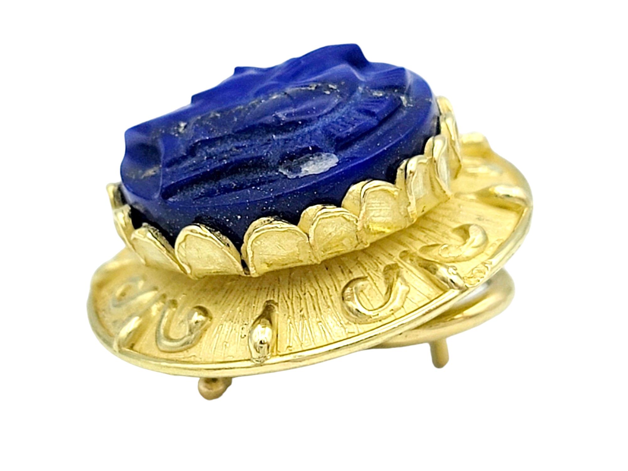 Contemporary Carved Spartan Blue Lapis Lazuli Round Stud Earrings Set in 18 Karat Yellow Gold For Sale
