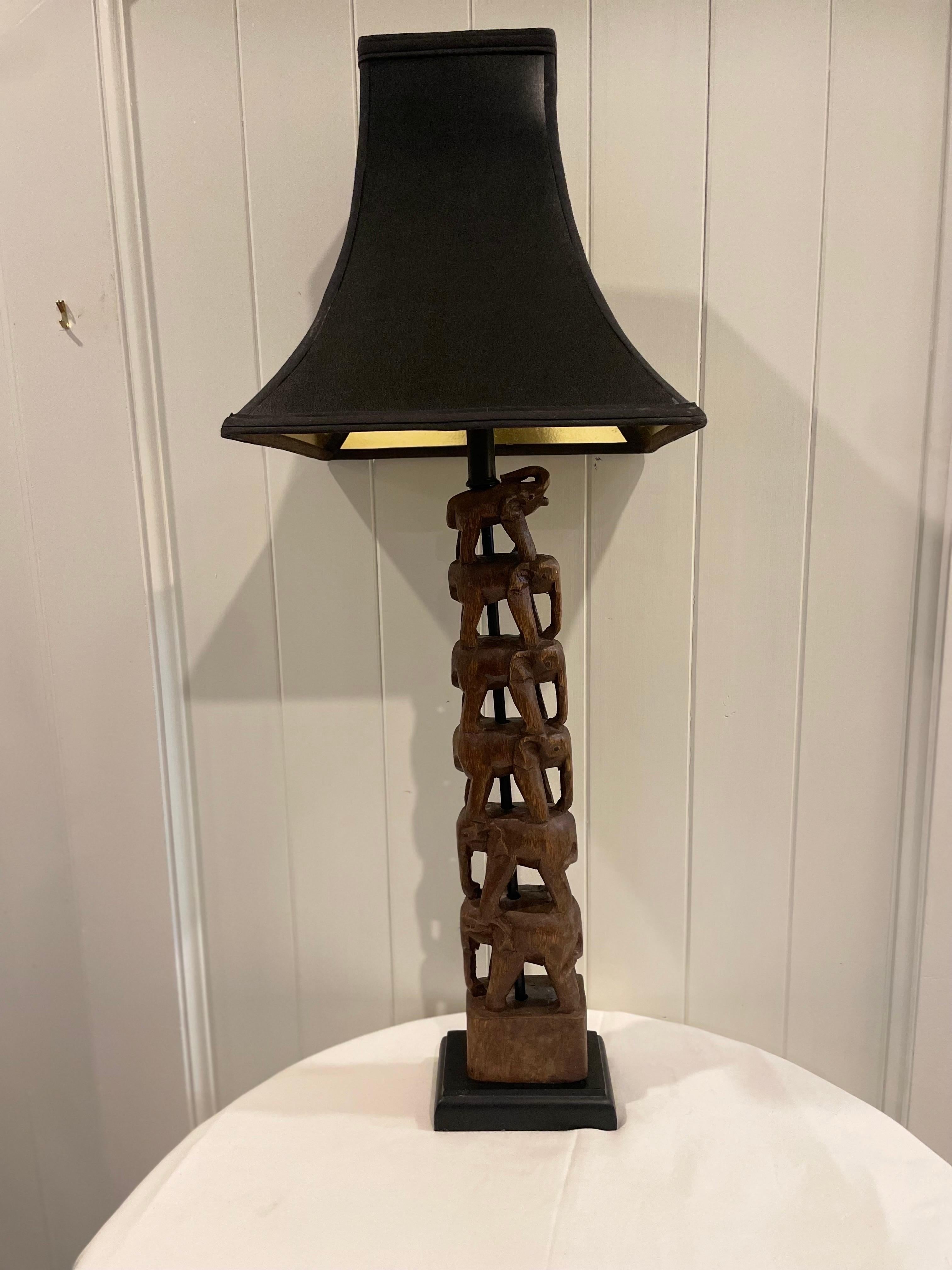 Unknown Carved Stacked Elephant Totem Lamp 1980s Attributed to Frederick Cooper For Sale