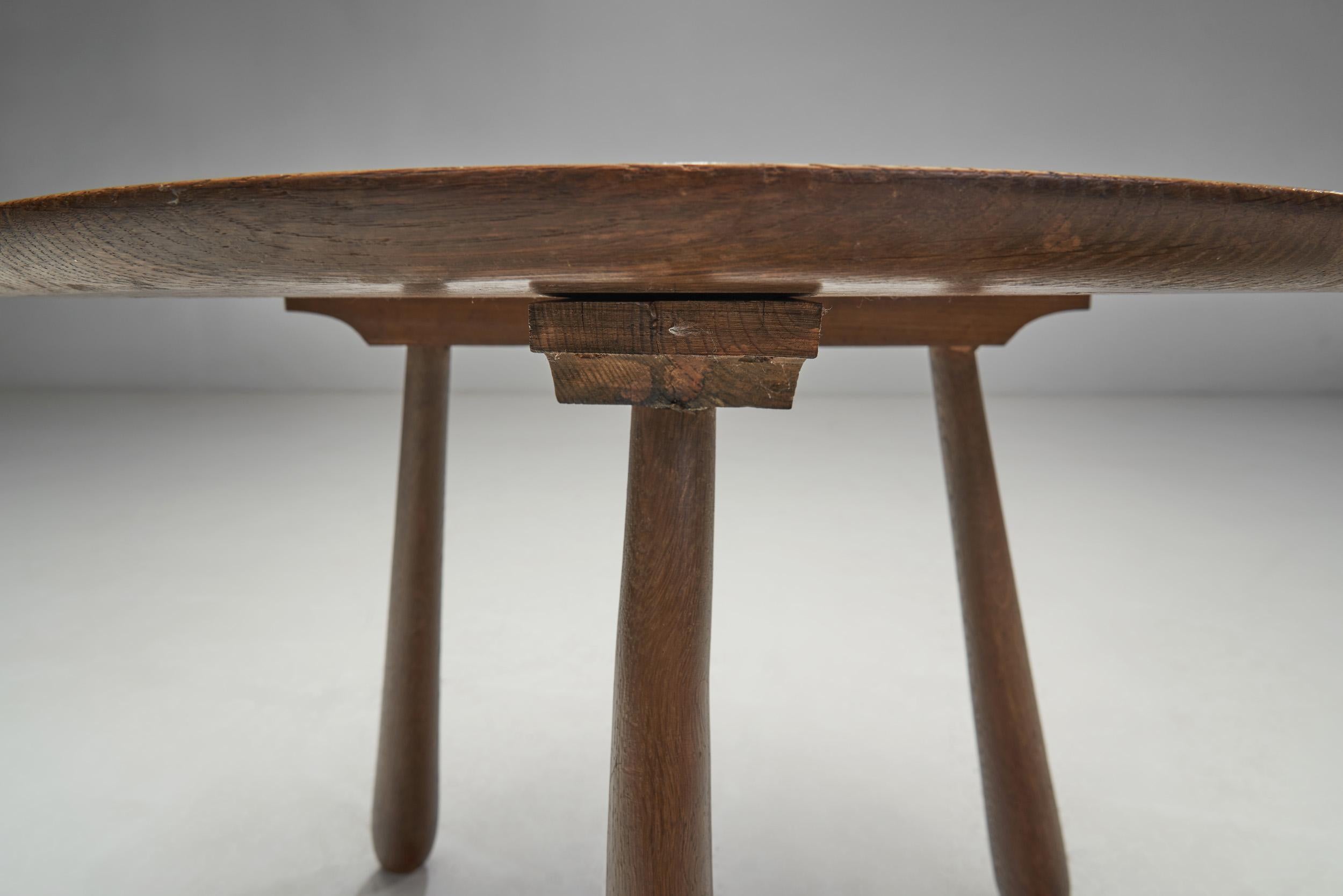 Carved Stained Oak Coffee Table on Tripod Legs, Europe, ca 1940s For Sale 5