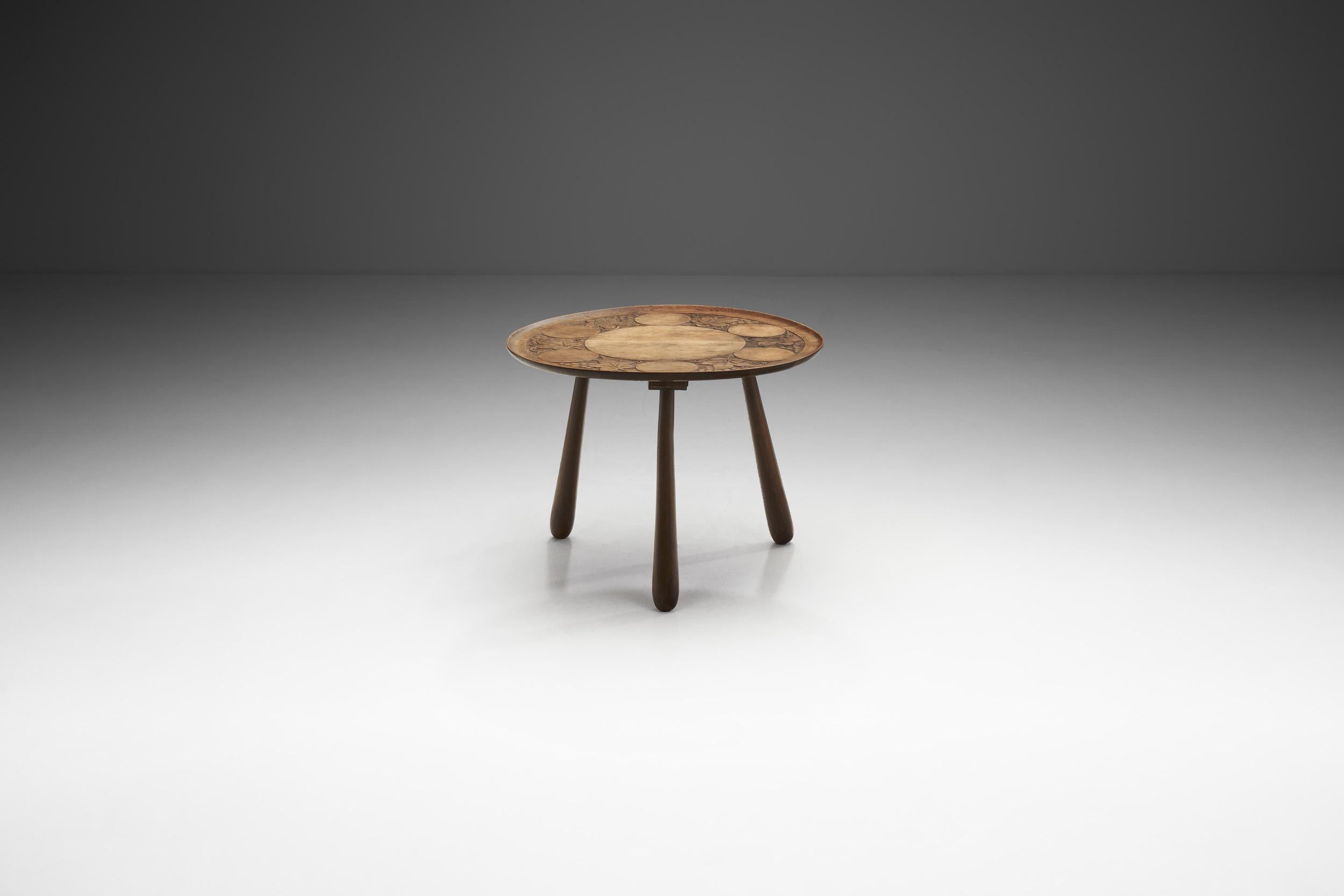 Mid-Century Modern Carved Stained Oak Coffee Table on Tripod Legs, Europe, ca 1940s