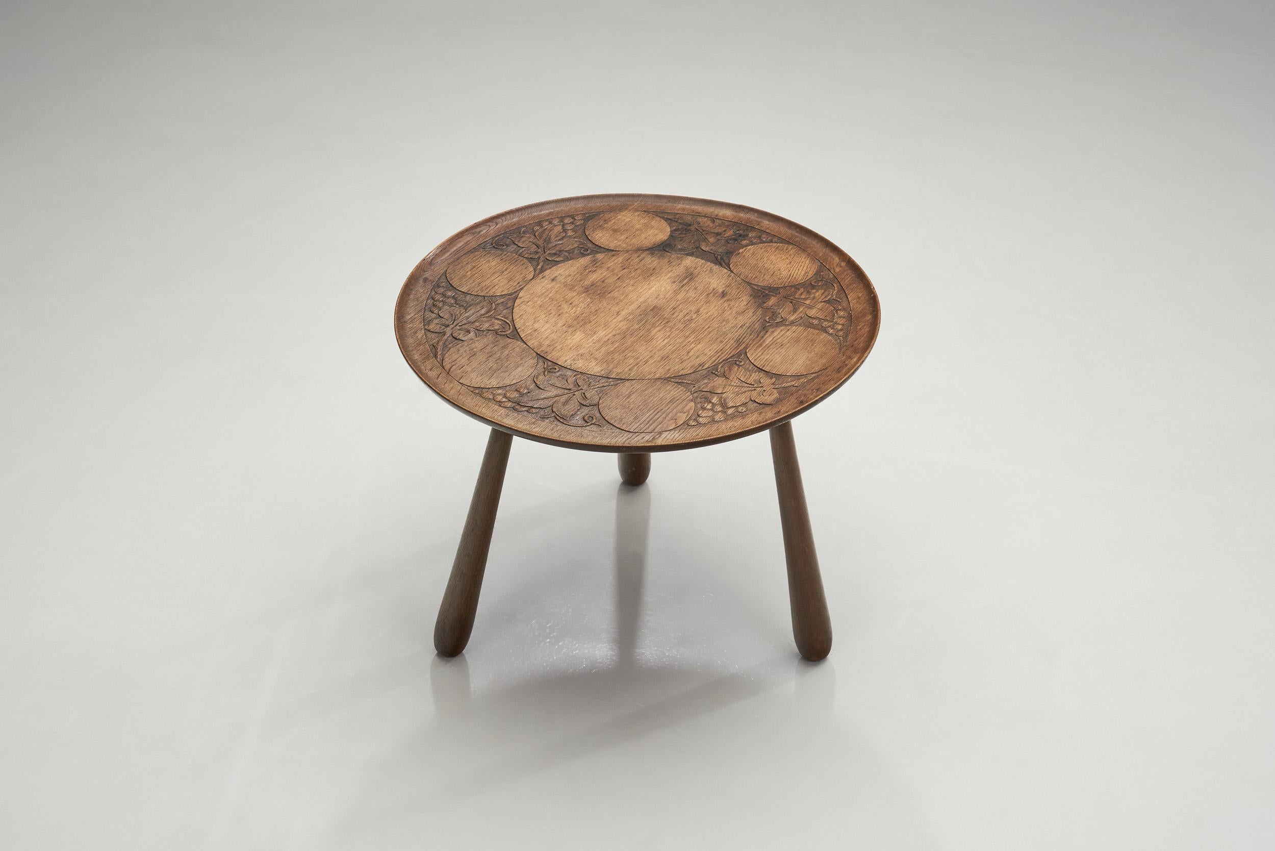 20th Century Carved Stained Oak Coffee Table on Tripod Legs, Europe, ca 1940s