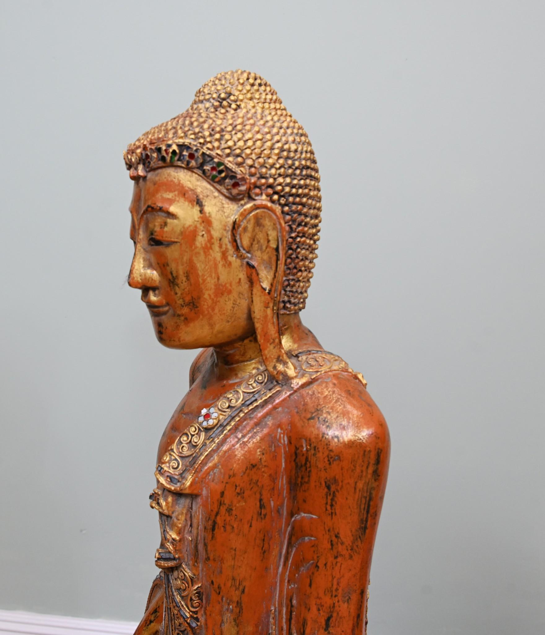 Wood Carved Standing Thai Buddha Statue Buddhist Art For Sale