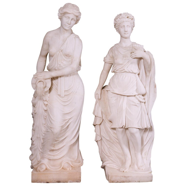 Carved Statuary Marble Female Figures of Classical Form For Sale