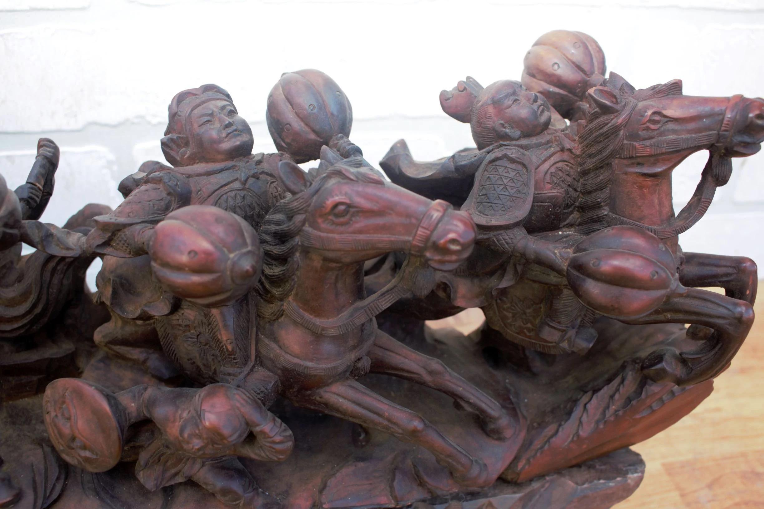 Rustic Carved Statue of Asian Warriors on Wood Base - 2 pieces For Sale