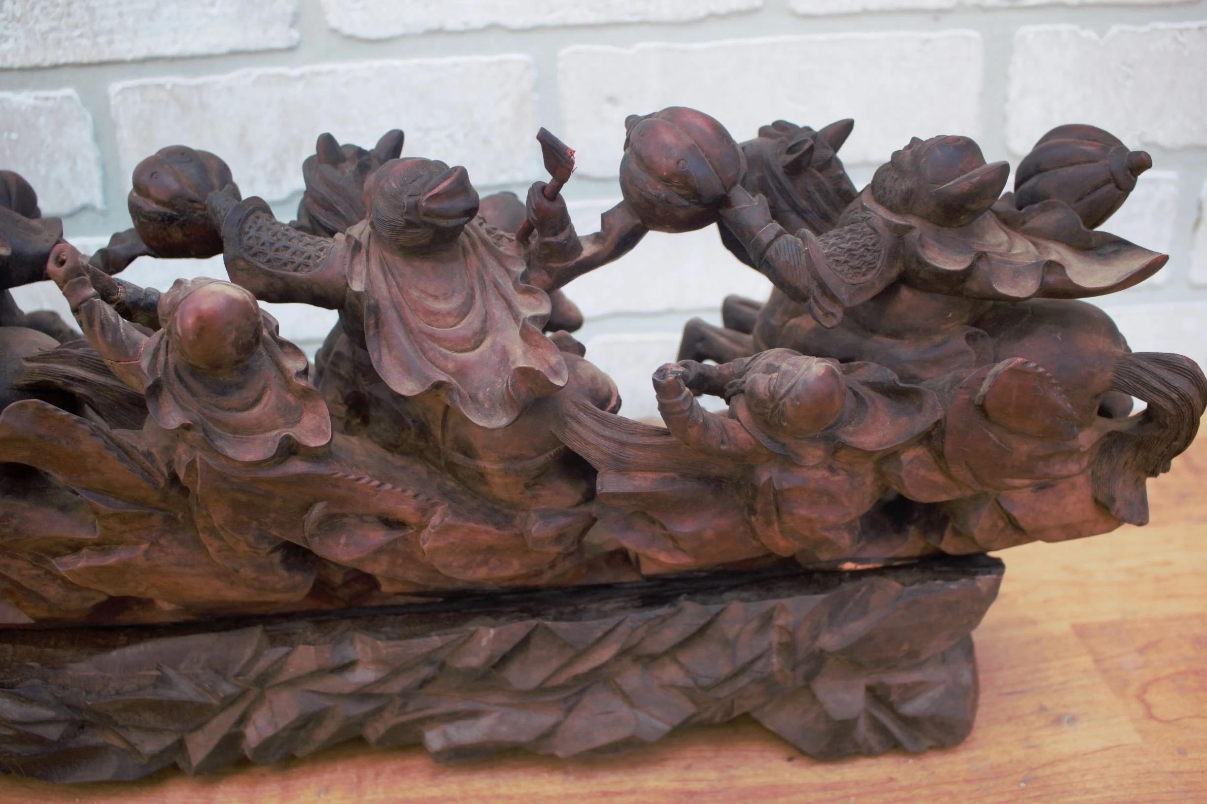 Carved Statue of Asian Warriors on Wood Base - 2 pieces In Good Condition For Sale In Chicago, IL