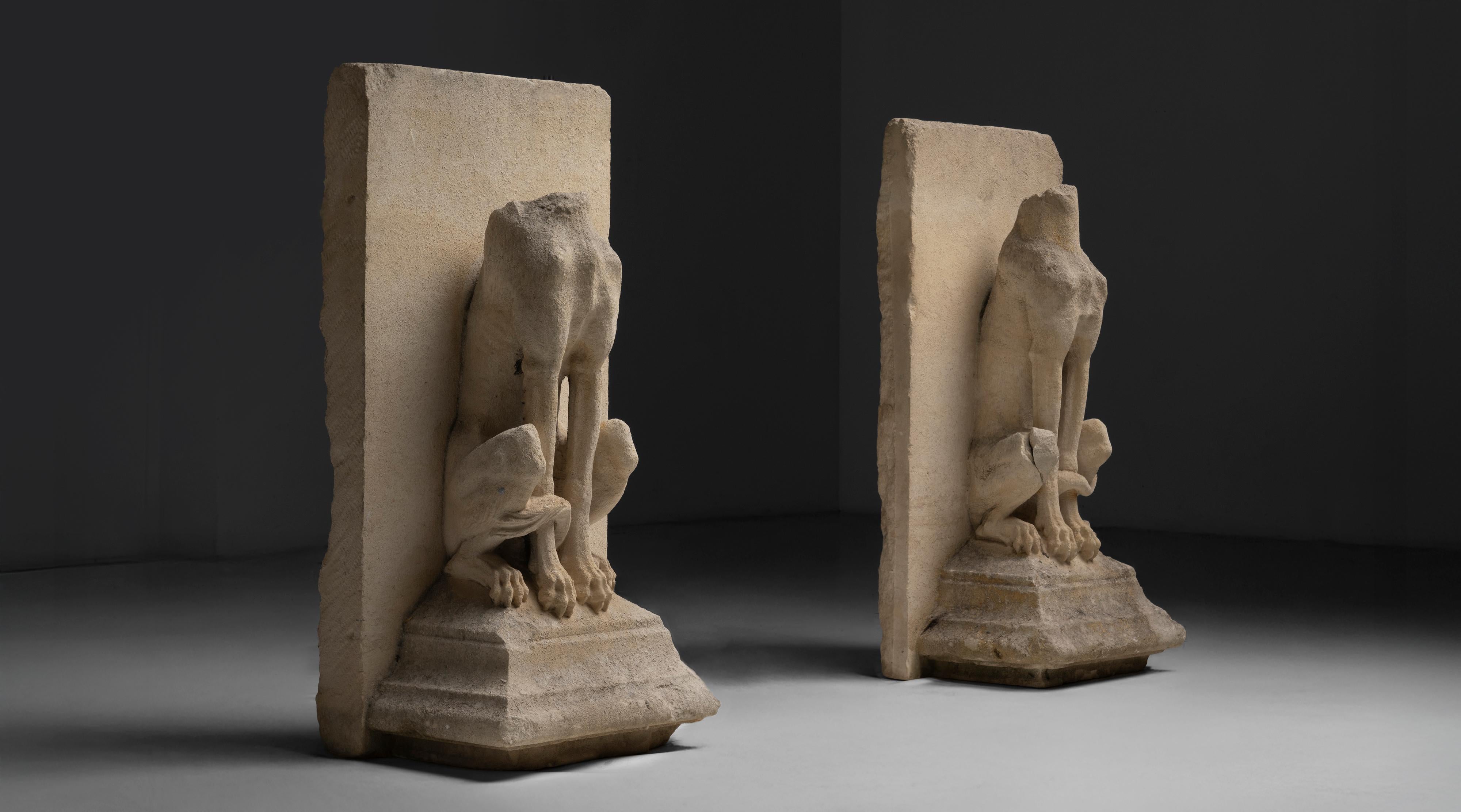 Monumental Whippet Statues
England, 1900
Pair of carved stone architectural elements featuring whippets with missing heads.
25”w x 17”d x 49”h
Ref. GARD805