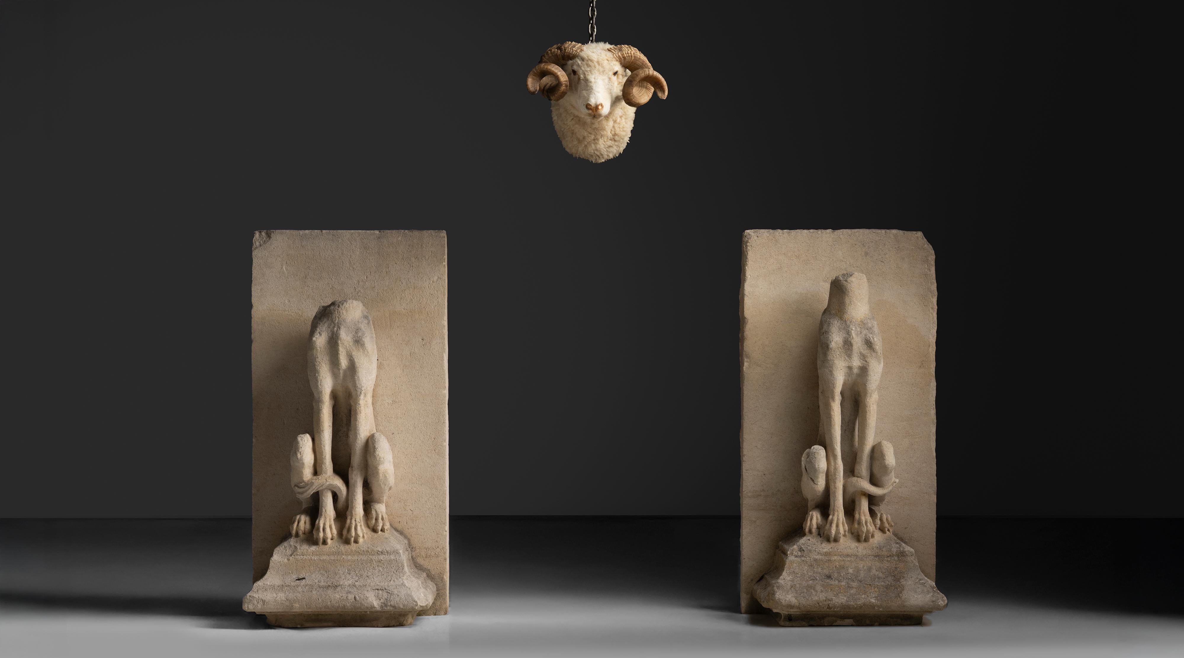 English Carved Stone Architectural Whippet Statues, England 1900 For Sale