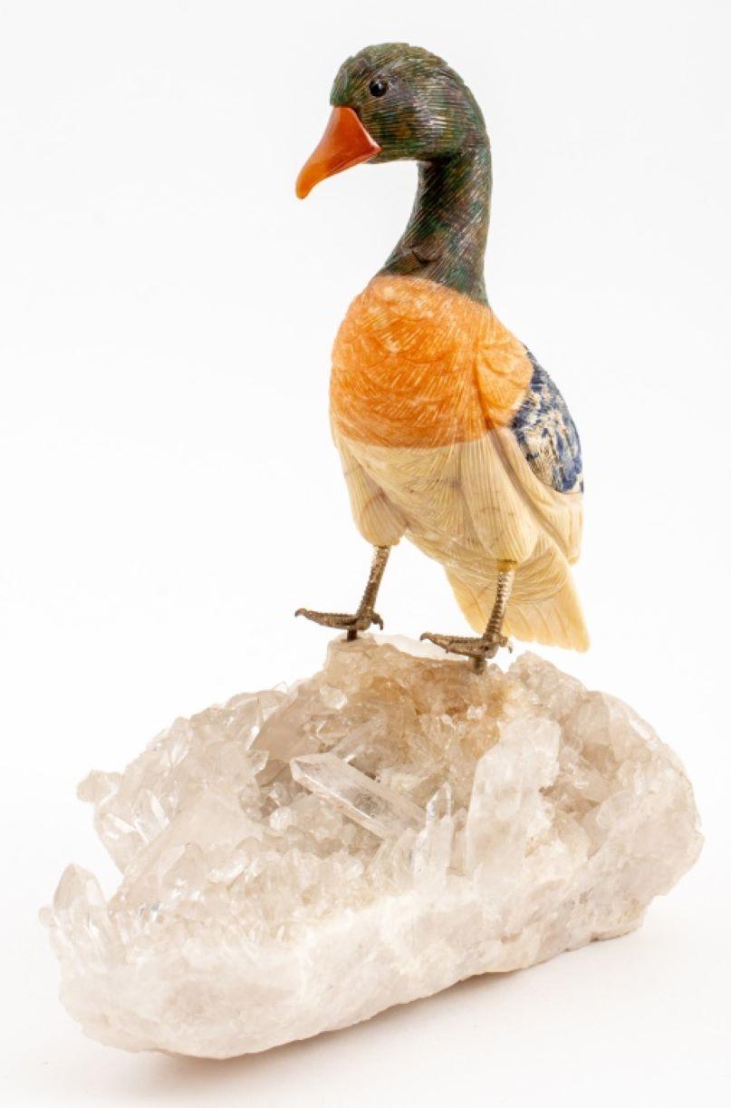 Mid-Century Modern Carved Stone Bird on Quartz Rock Crystal Matrix For Sale