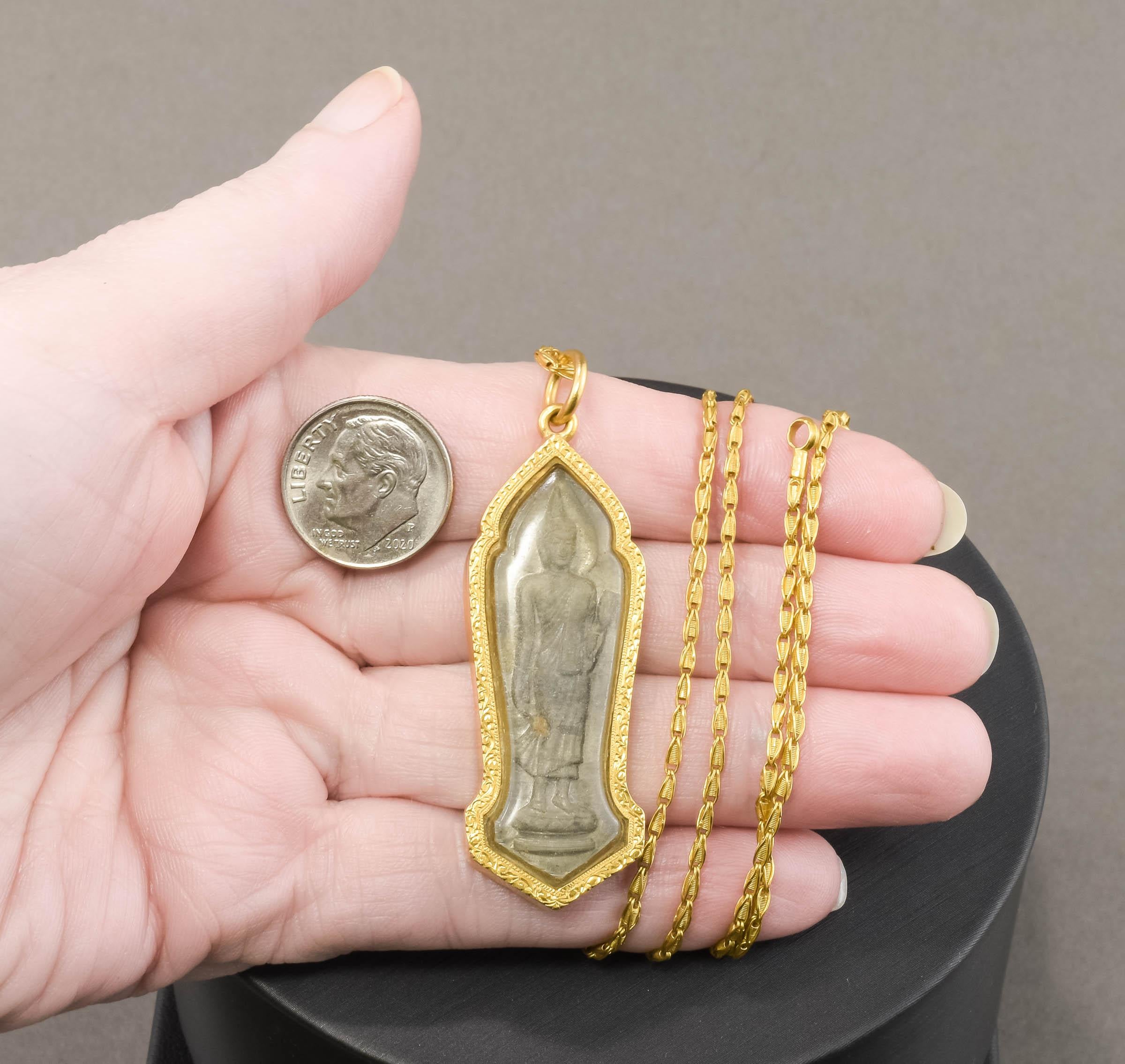 Women's or Men's Carved Stone Buddha Pendant in 24K Gold with Fancy 23K Gold Chain