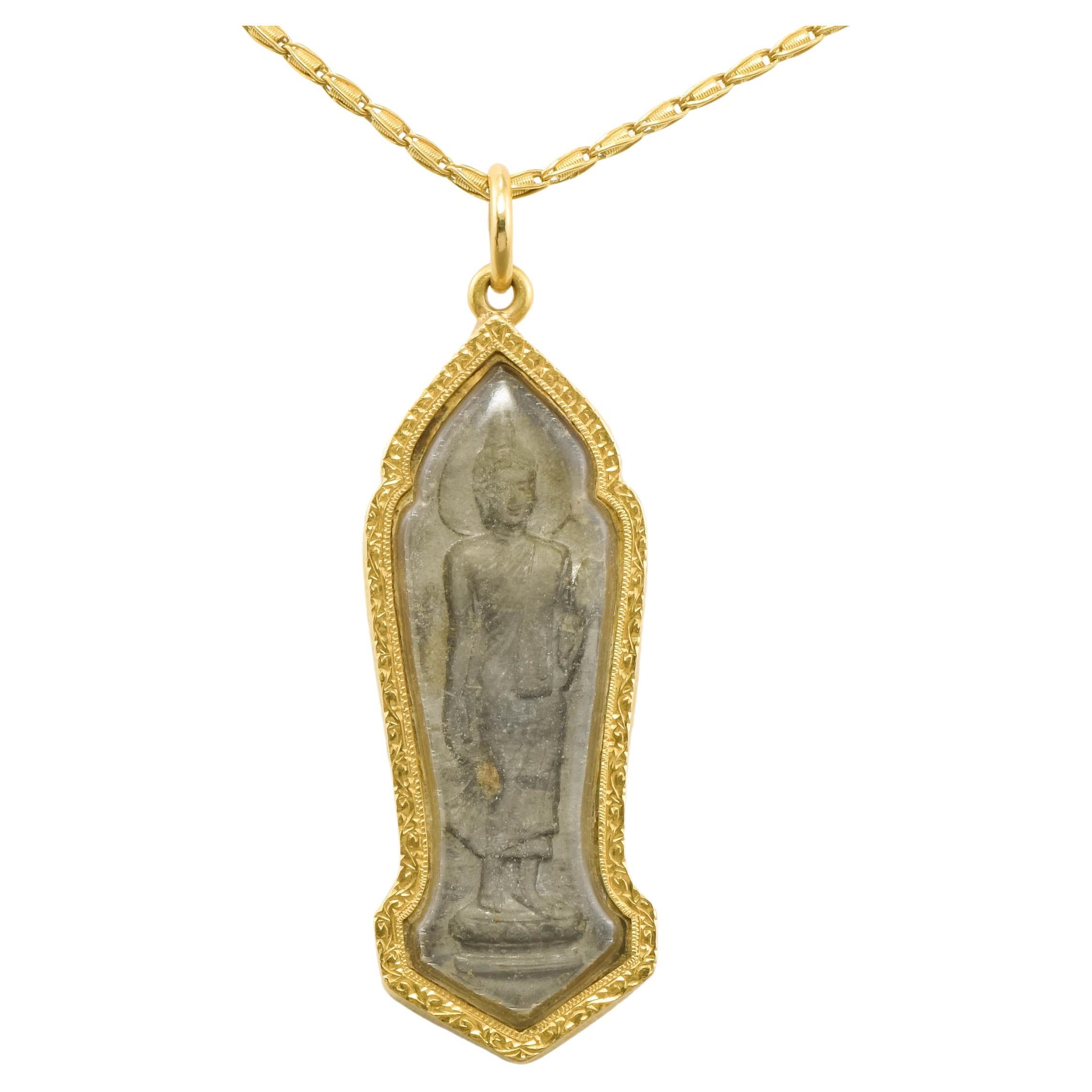 Carved Stone Buddha Pendant in 24K Gold with Fancy 23K Gold Chain