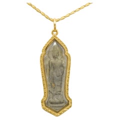 Retro Carved Stone Buddha Pendant in 24K Gold with Fancy 23K Gold Chain