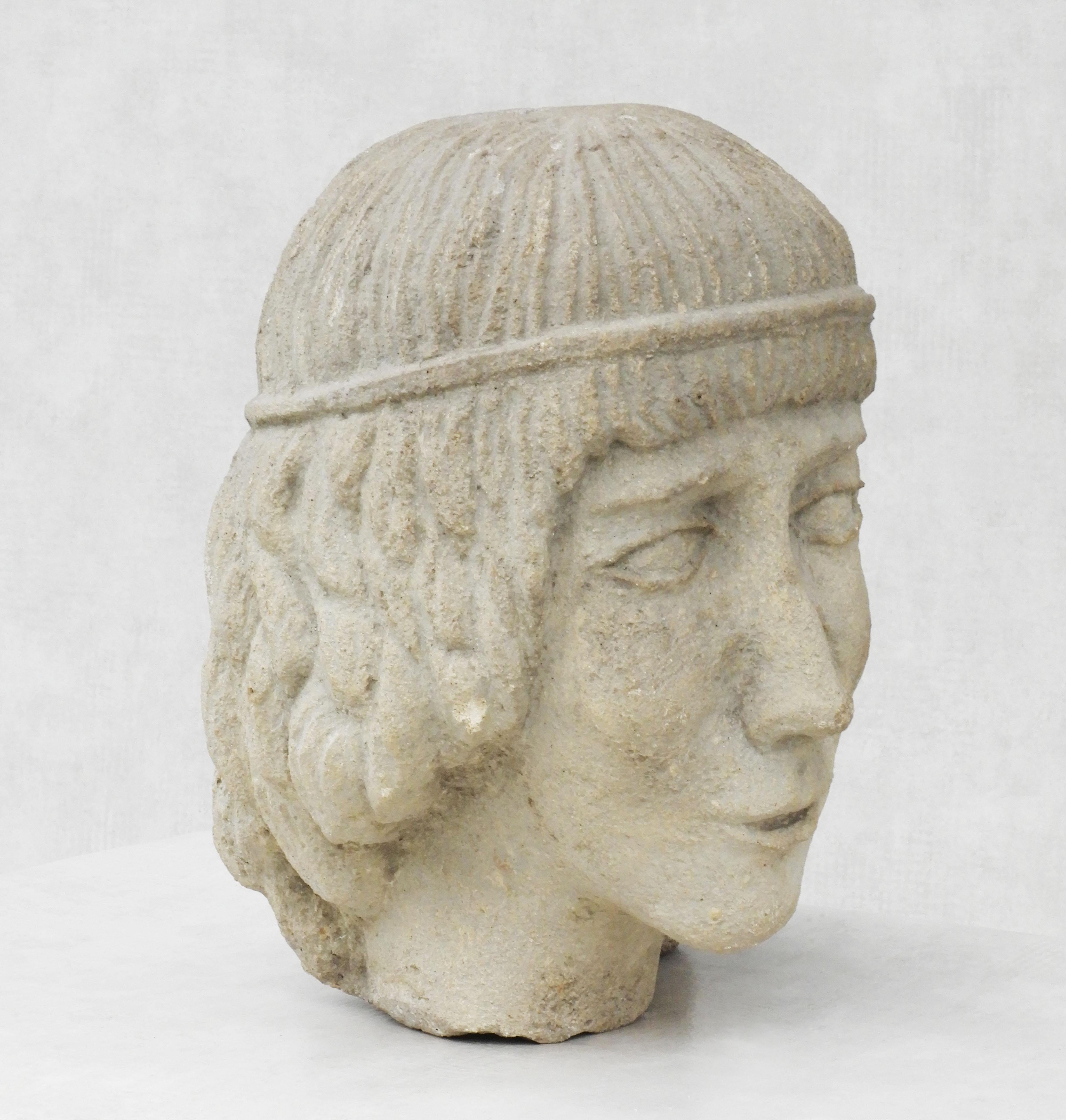 Hand-Carved Carved Stone Female Life-size Head Sculpture 