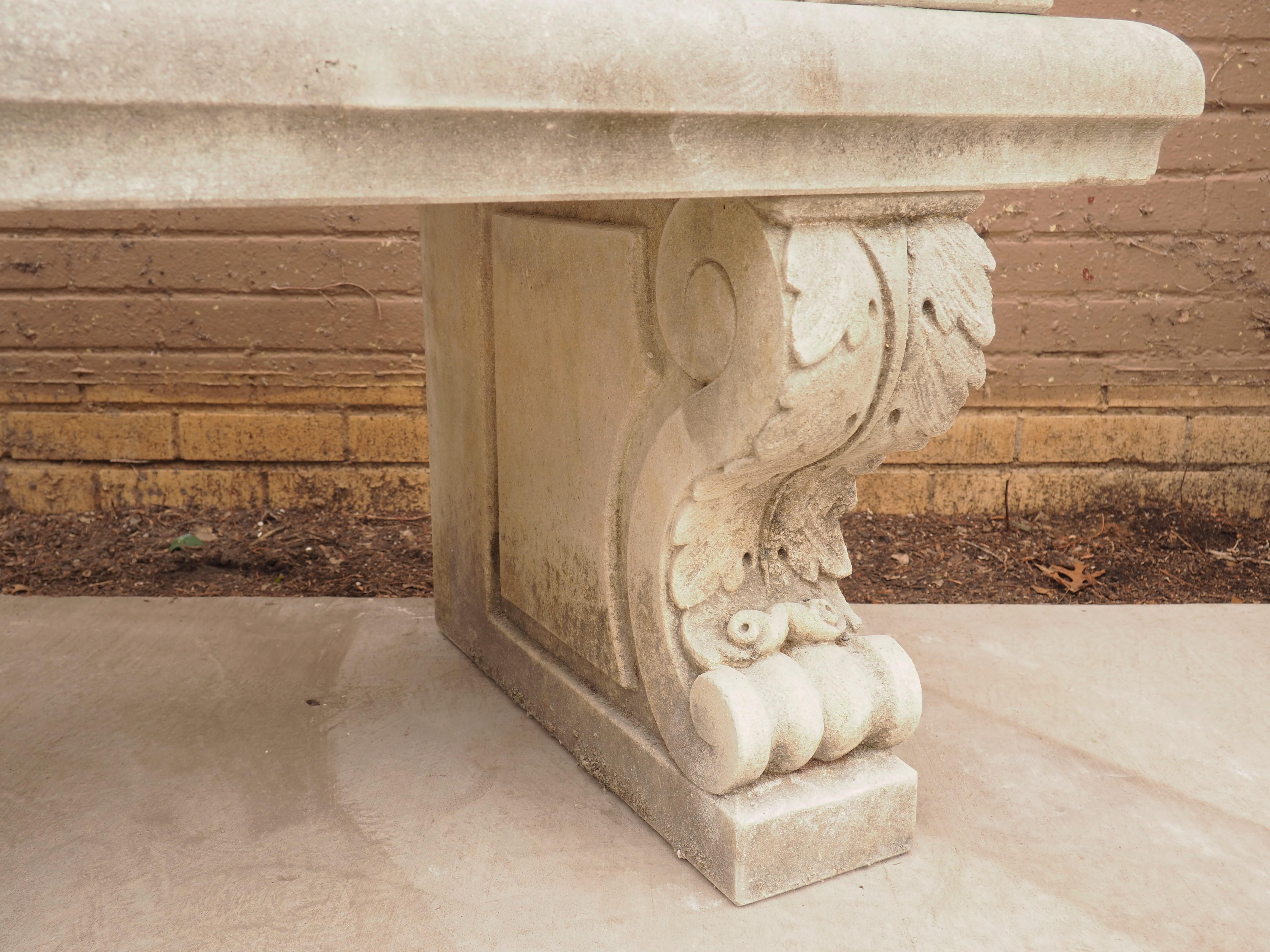 Limestone Carved Stone Garden Bench with Arched Back and Acanthus Sides