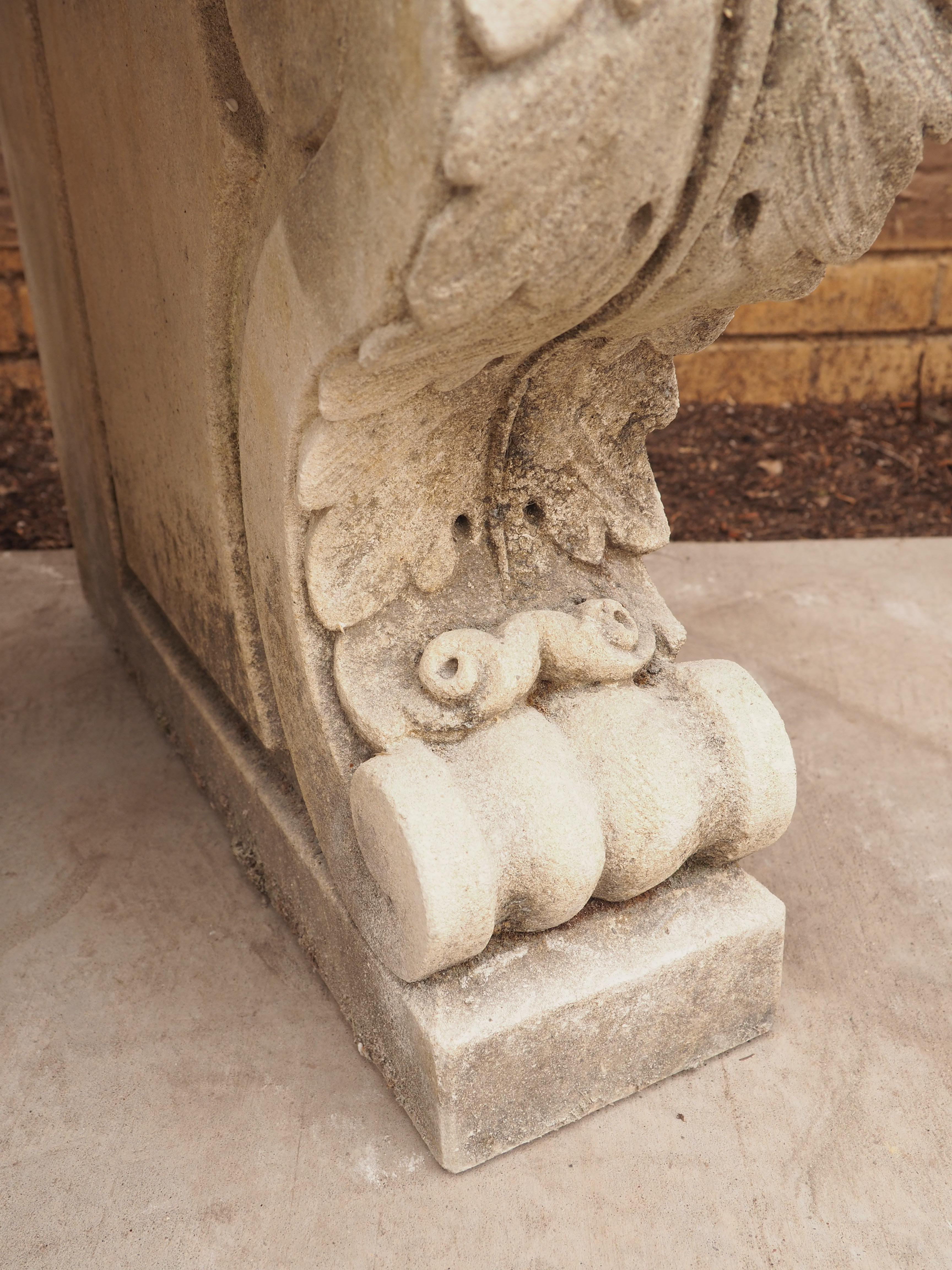 Carved Stone Garden Bench with Arched Back and Acanthus Sides 1