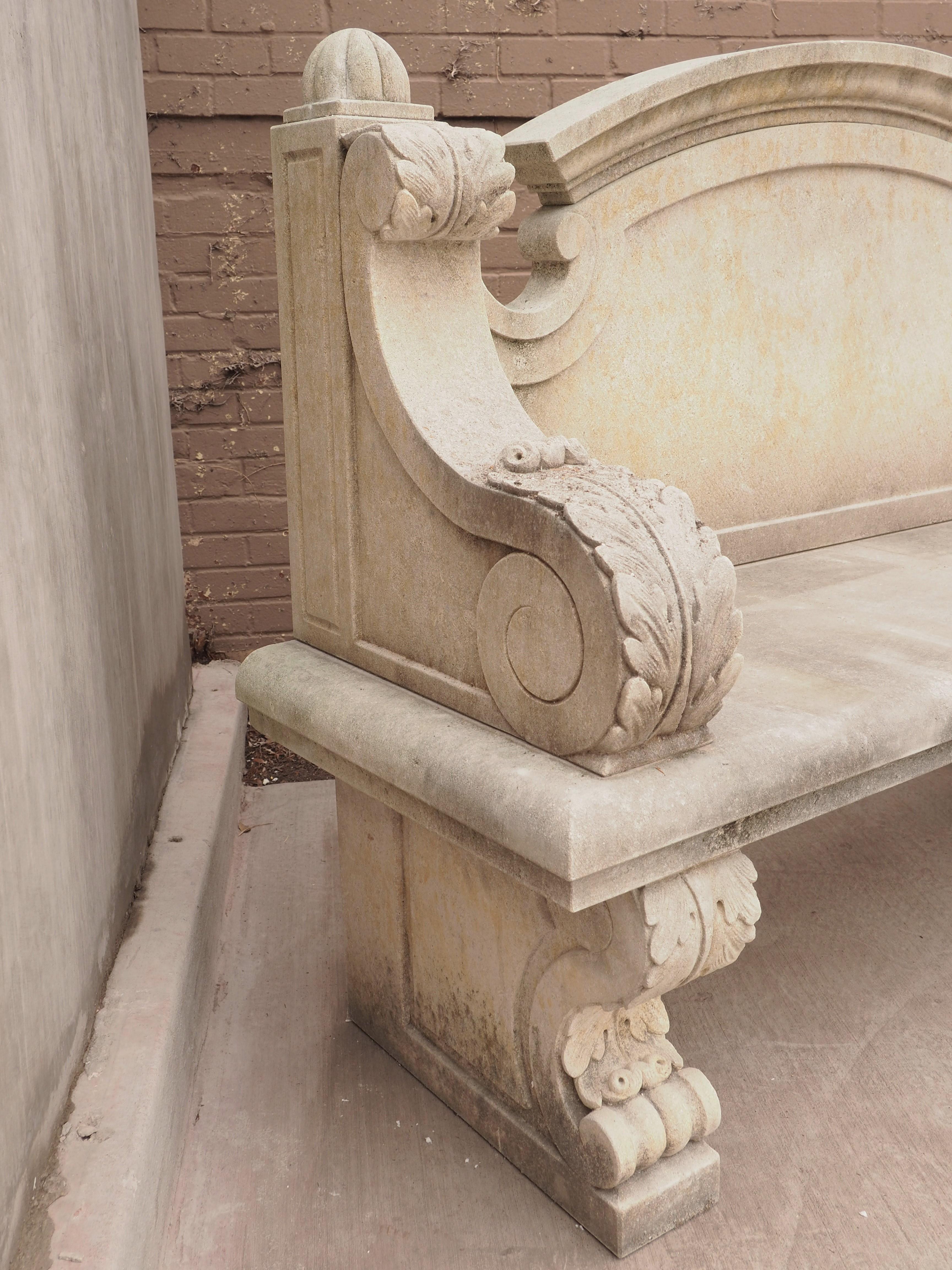 Carved Stone Garden Bench with Arched Back and Acanthus Sides 2