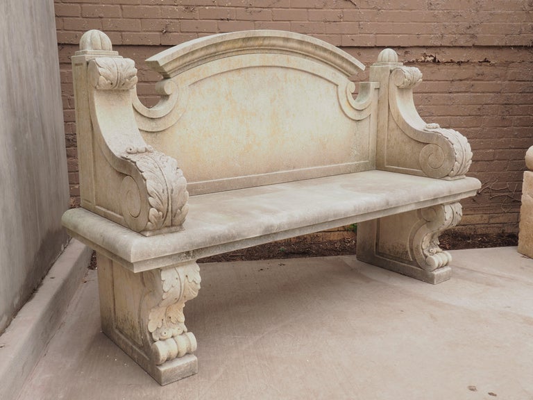 Carved Stone Garden Bench with Arched Back and Acanthus Sides at
