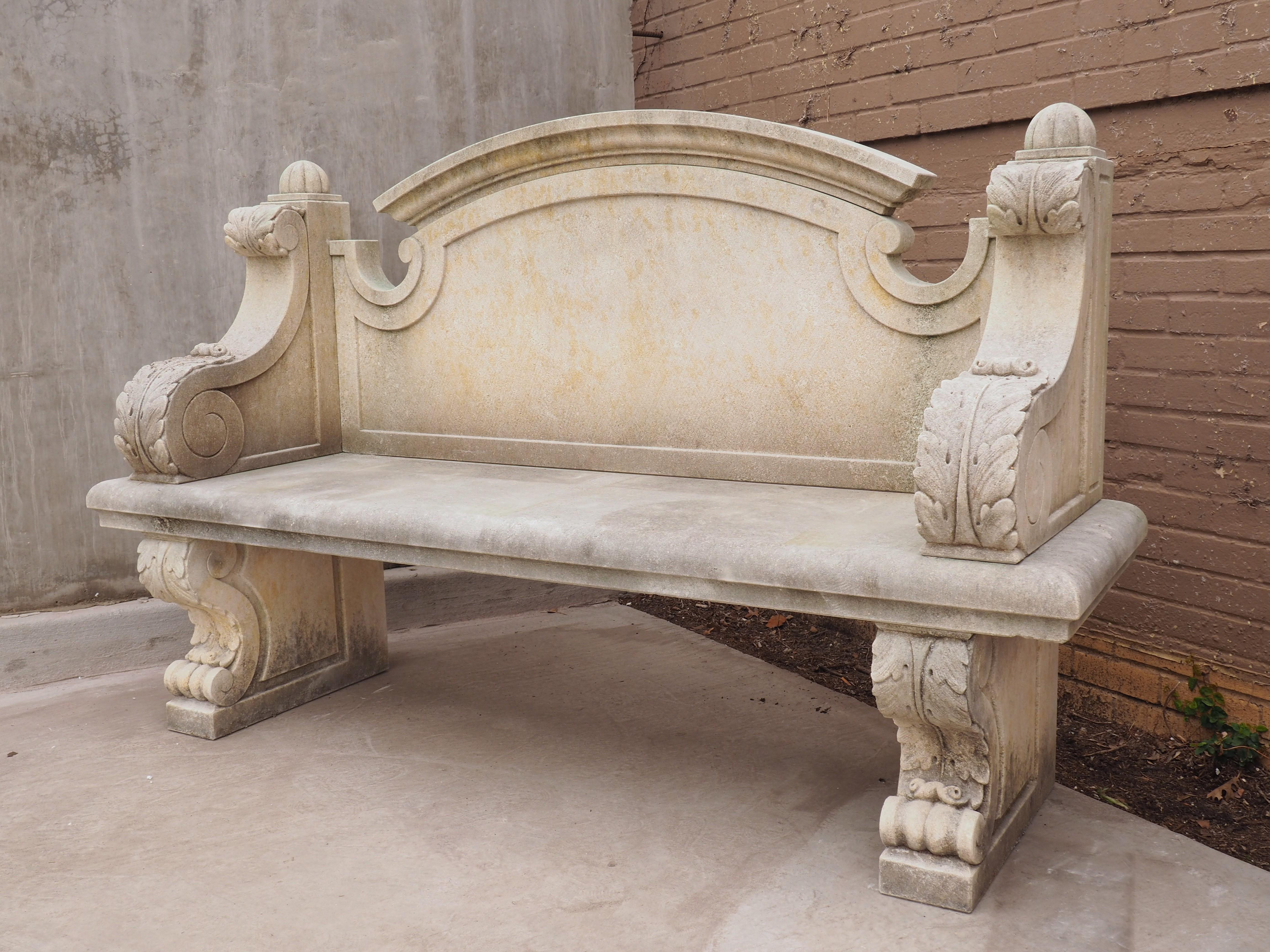 Carved Stone Garden Bench with Arched Back and Acanthus Sides 5