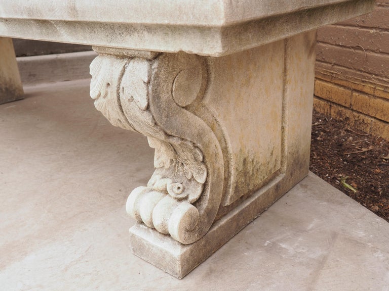 Carved Stone Garden Bench with Arched Back and Acanthus Sides at