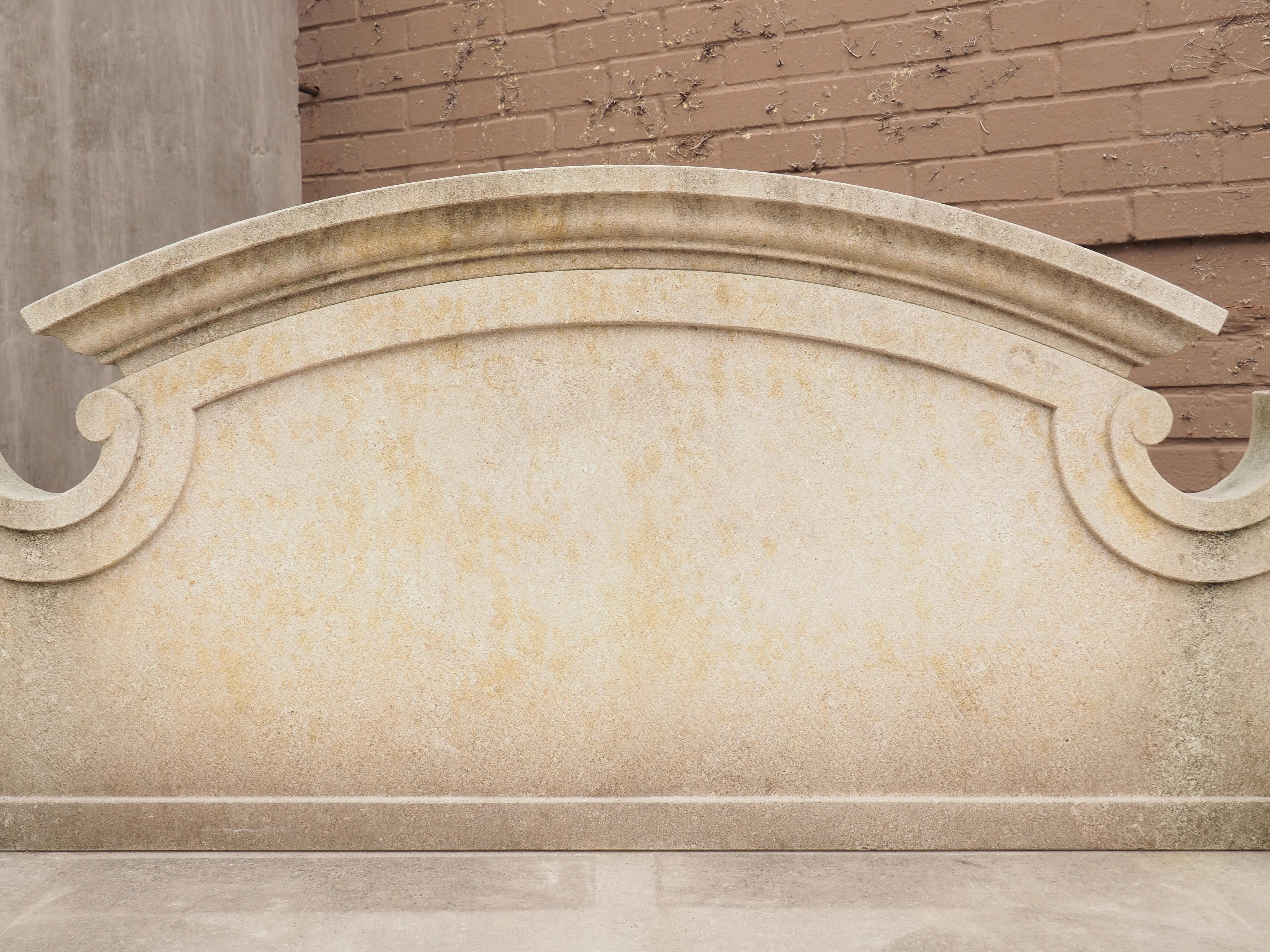Carved Stone Garden Bench with Arched Back and Acanthus Sides In Good Condition In Dallas, TX