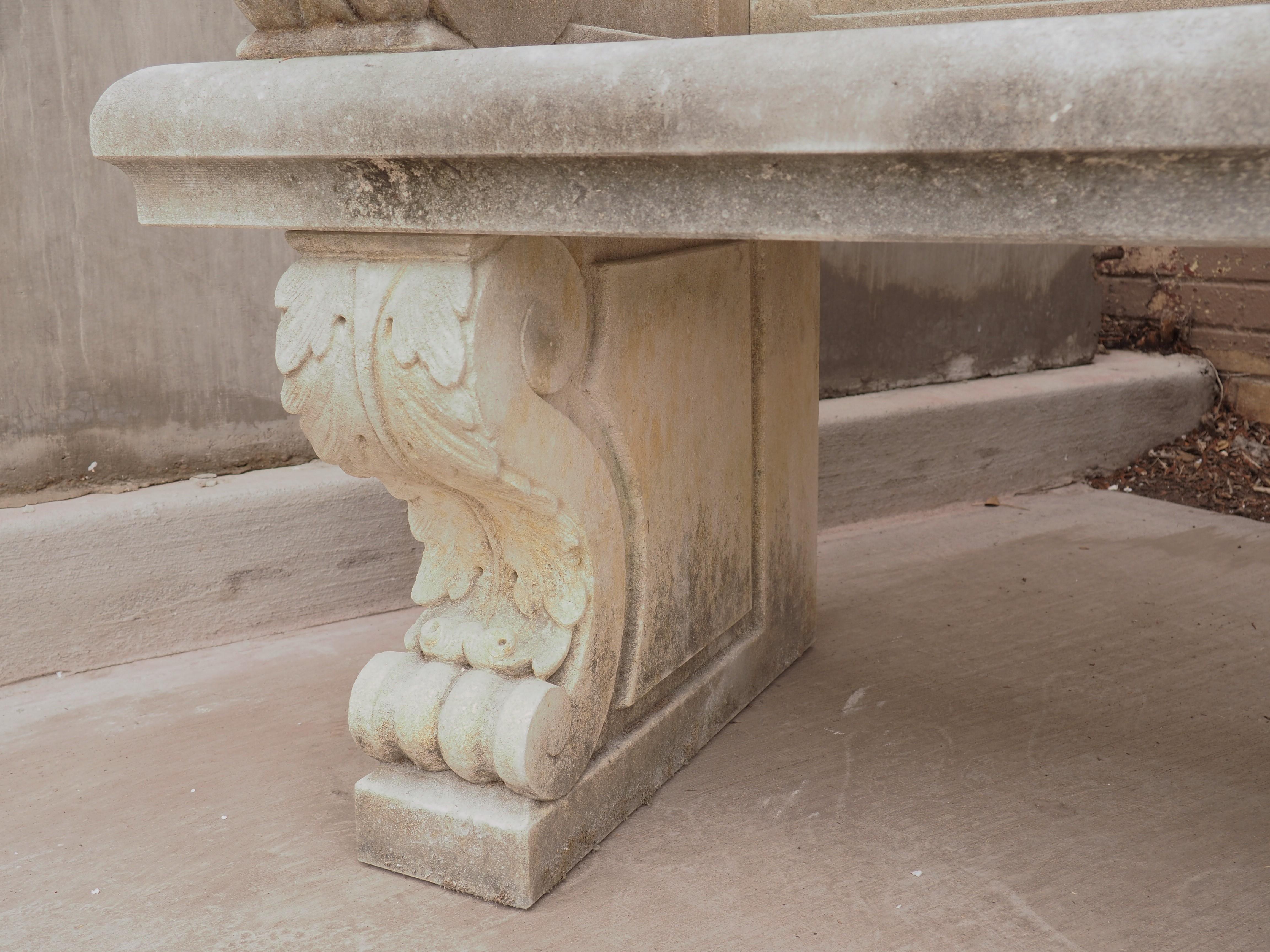 Contemporary Carved Stone Garden Bench with Arched Back and Acanthus Sides