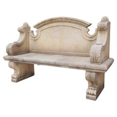 Carved Stone Garden Bench with Arched Back and Acanthus Sides