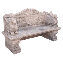Carved Stone Garden Bench with Winged Lion Armrests, Scrolls, and Fleur De Lys