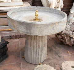 Carved Stone Garden Fountain with Fluted Pedestal and Brass Finial
