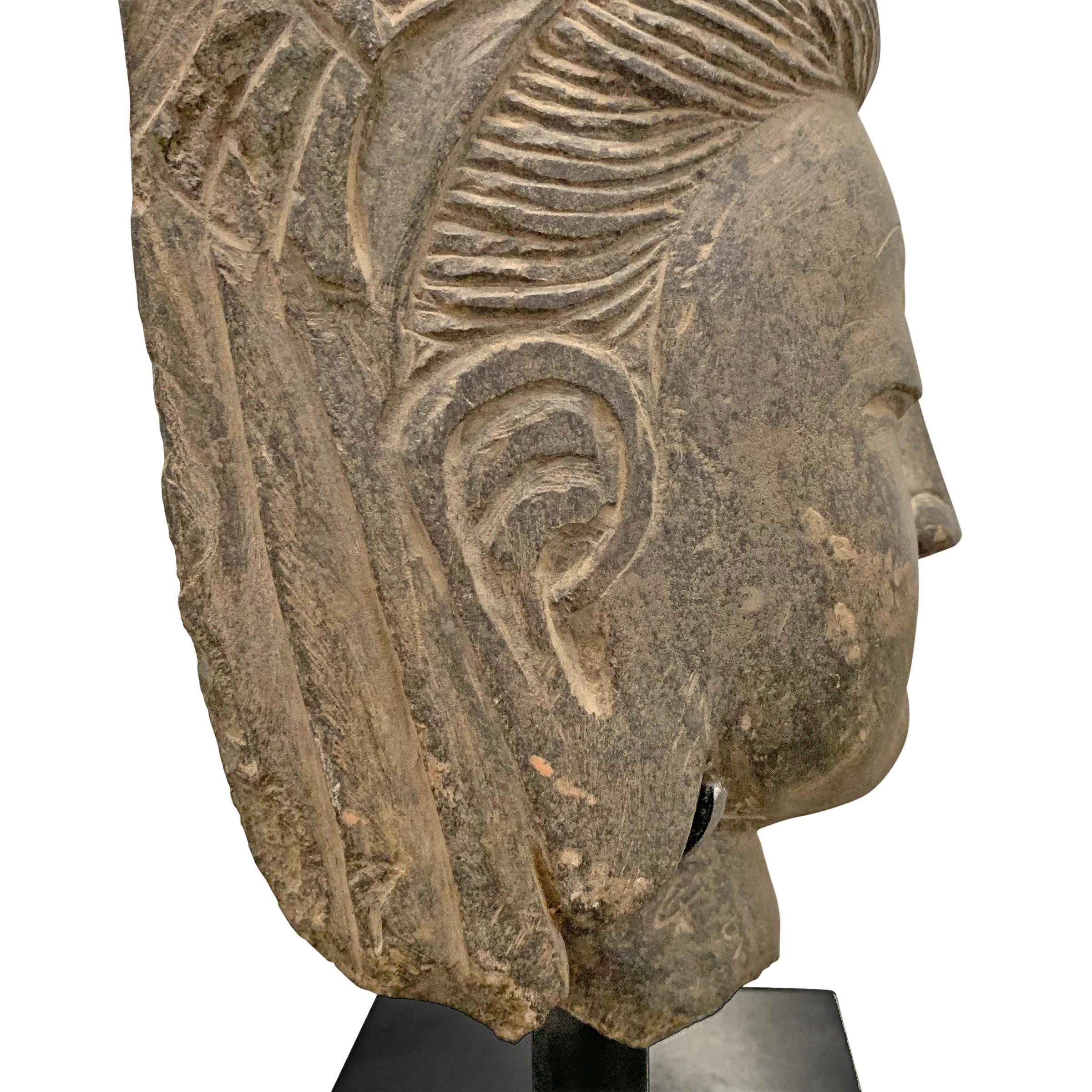 Carved Stone Guanyin Head In Good Condition In Chicago, IL