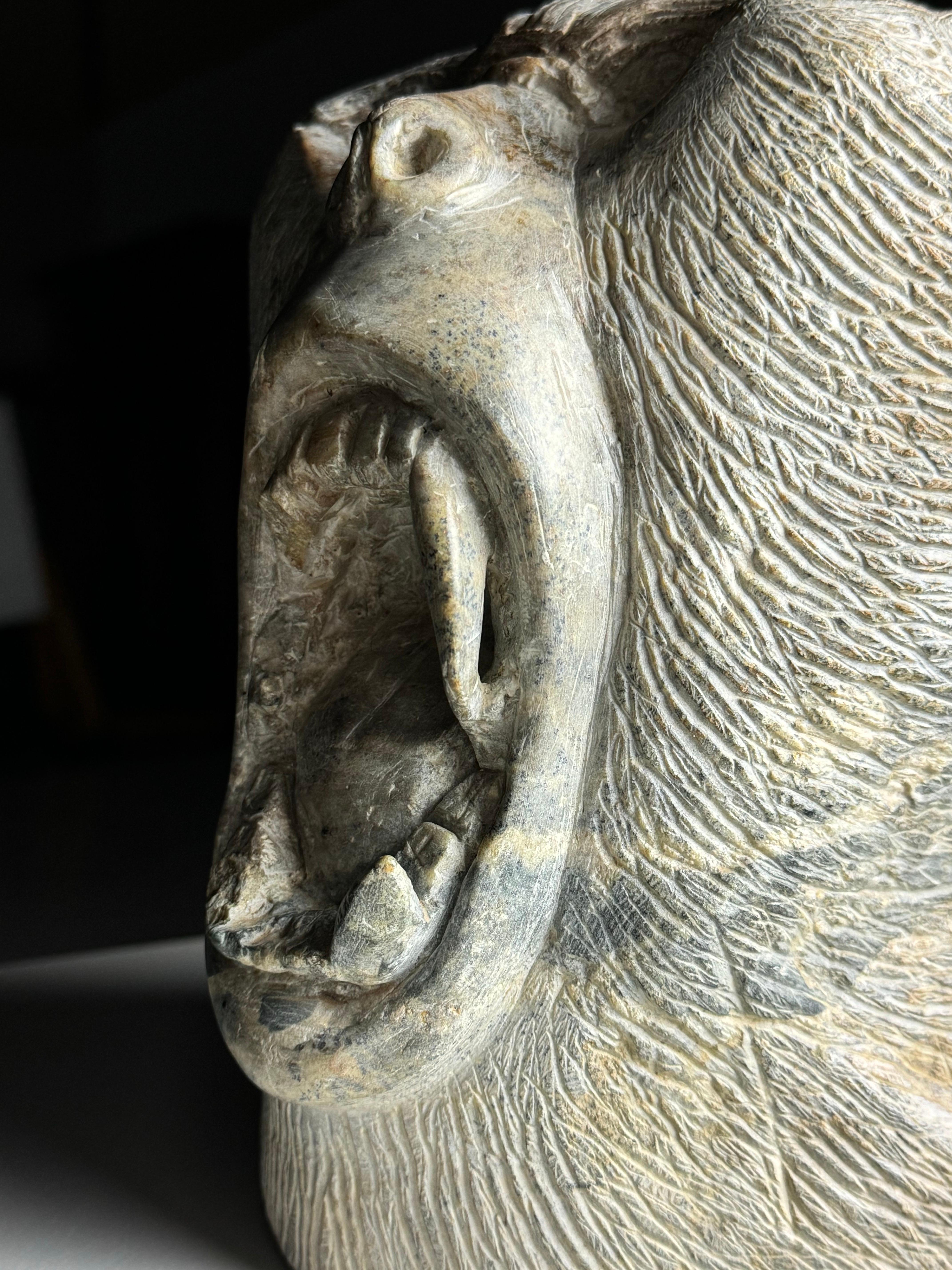 Incredibile scultura scolpita a mano di una testa di scimmia urlante. Bellissimi dettagli e molto finemente lavorati.

XX secolo, ricavato da un pezzo di pietra/marmo. Firmato dal creatore. Ma purtroppo non possiamo leggere il nome.

Dimensioni: 21H