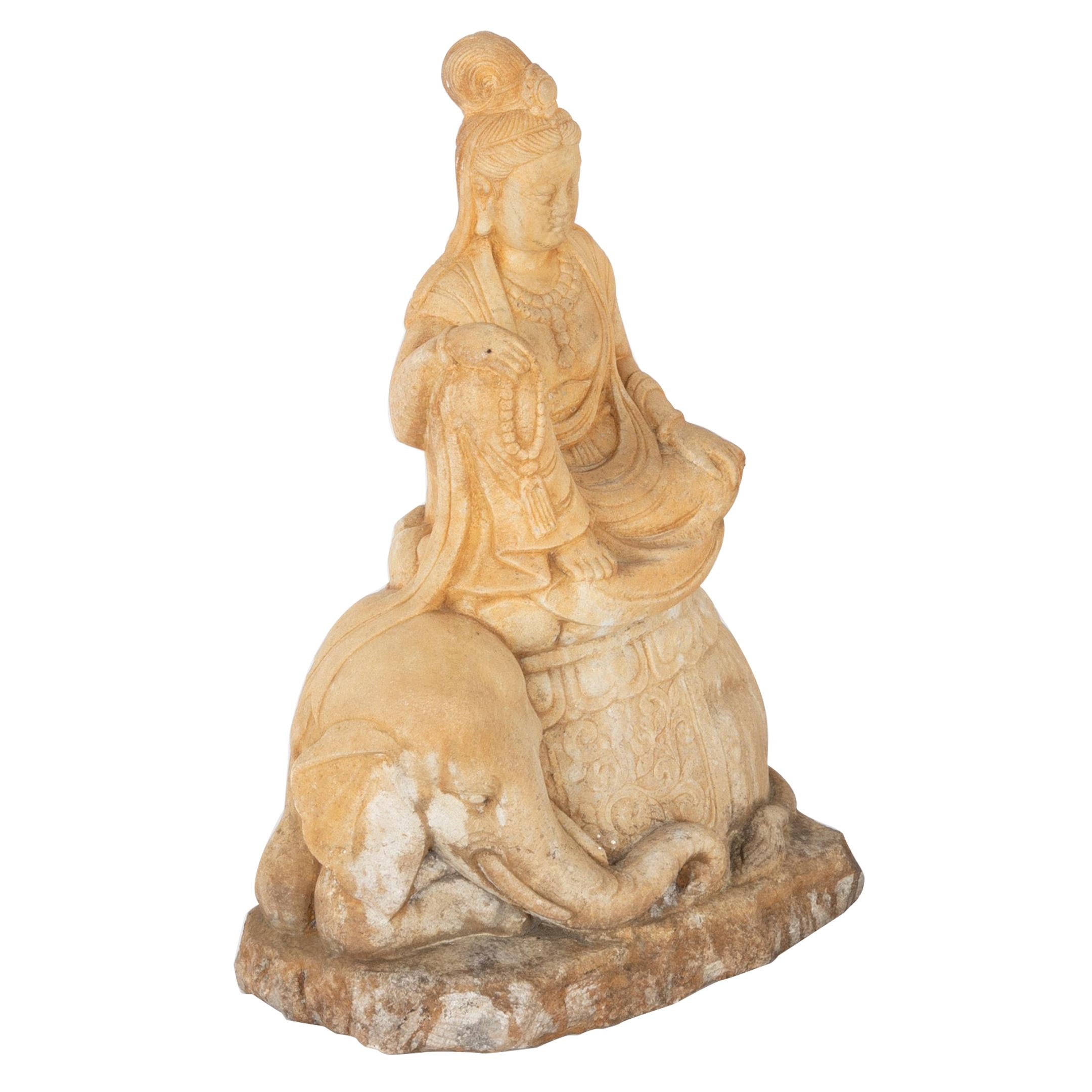 Carved Stone Kannon on Elephant For Sale