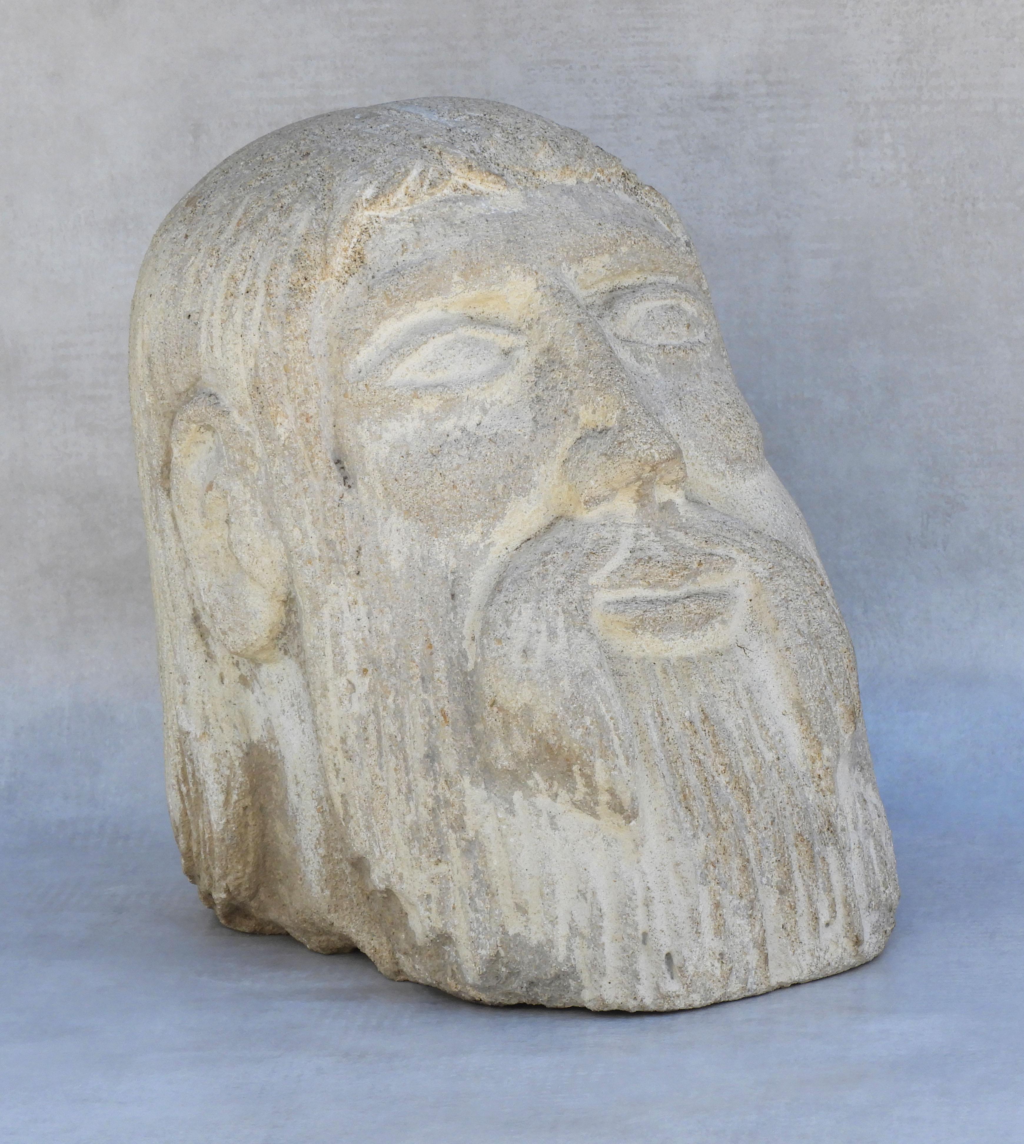 Hand-Carved Carved Stone Male Life-Size Head Sculpture