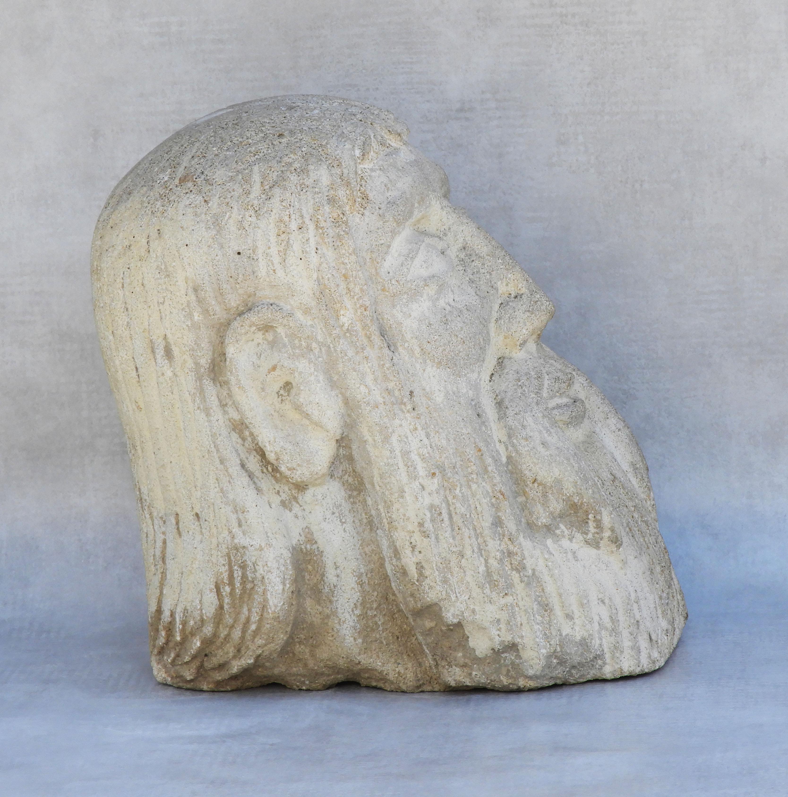 Carved Stone Male Life-Size Head Sculpture In Good Condition In Trensacq, FR
