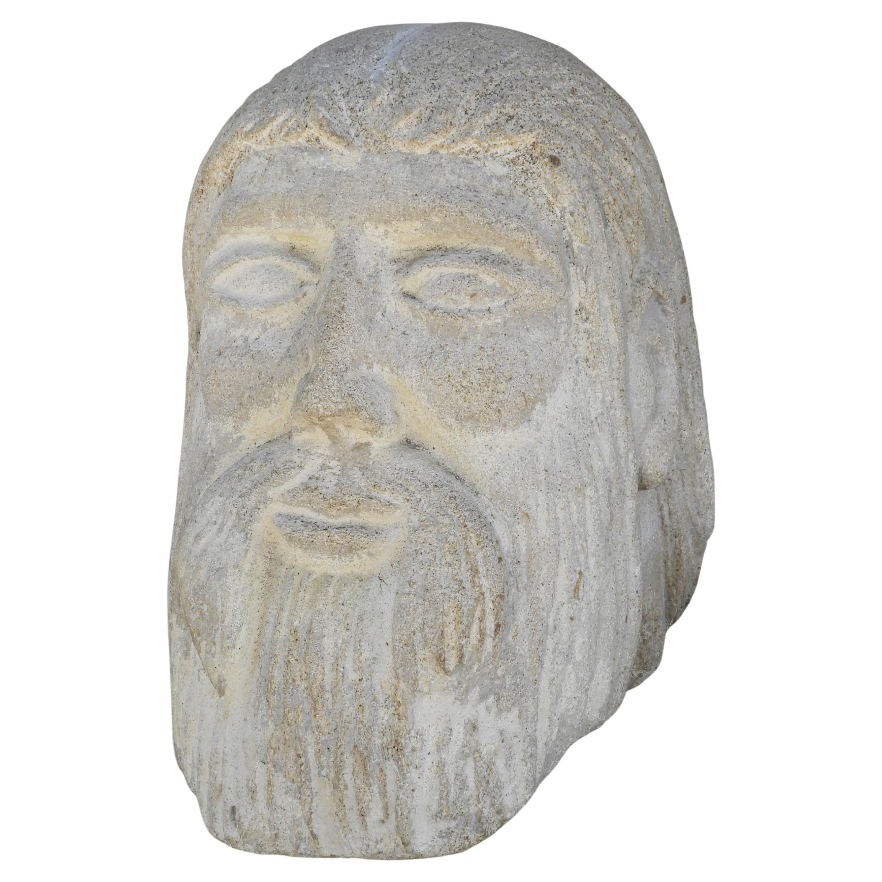 Carved Stone Male Life-Size Head Sculpture