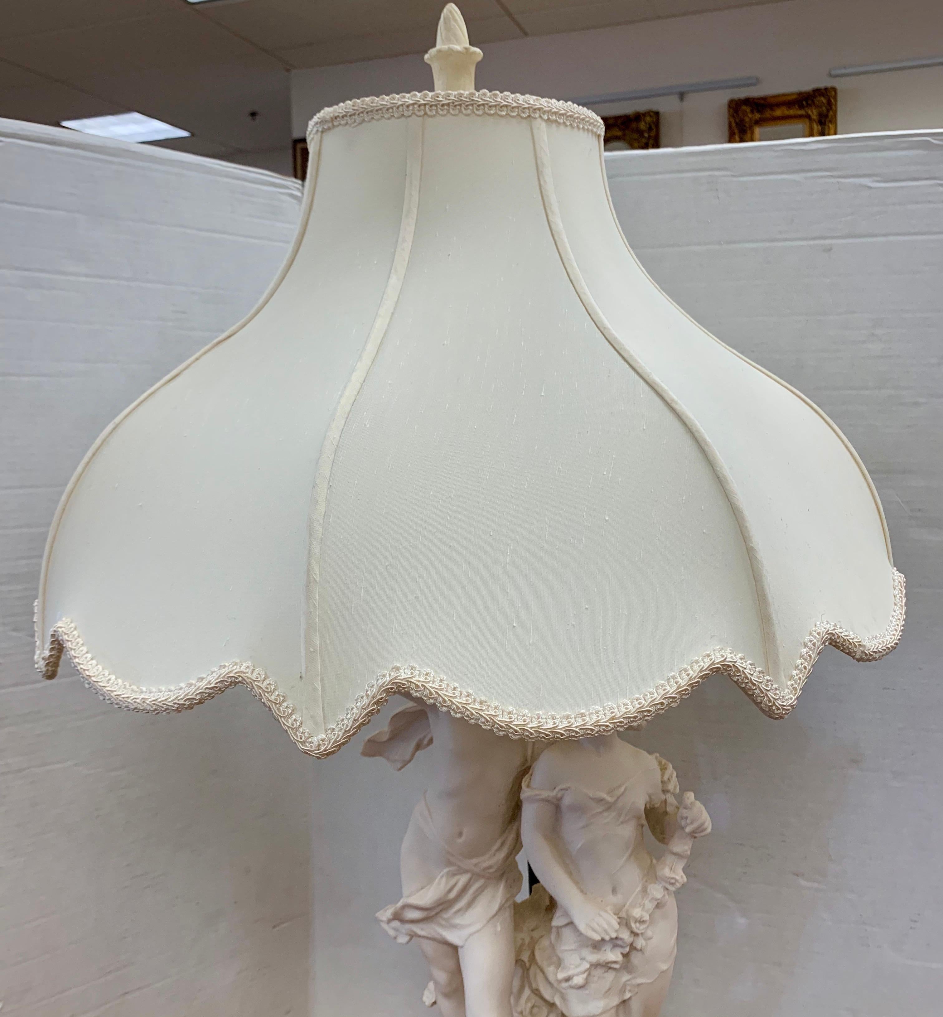 Elegant carved stone neoclassical style figural table lamp with original shade. Wired for US and in perfect working order. There is one socket and it takes up to a 150 watt light bulb.
