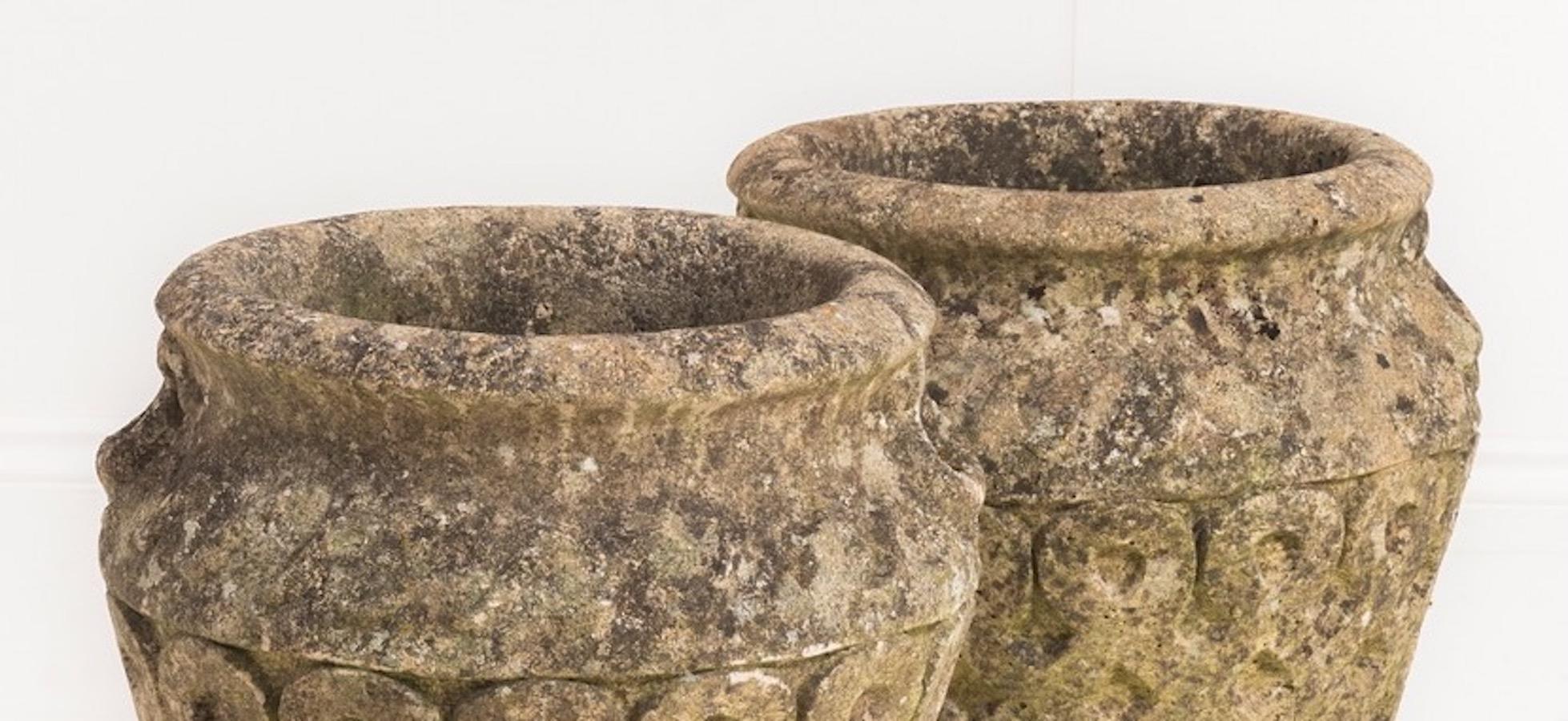Carved Stone Pair Cotswold Pots, England, 1930s In Good Condition In New York, NY