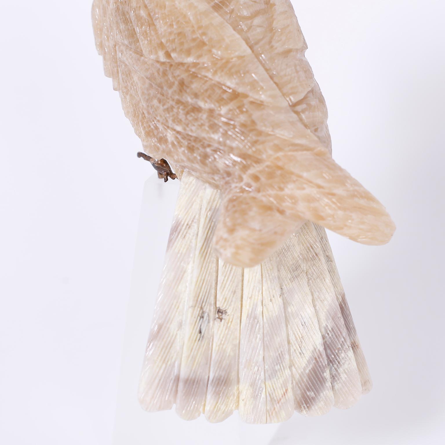 Brazilian Carved Stone Parrot on a Frosted Lucite Base