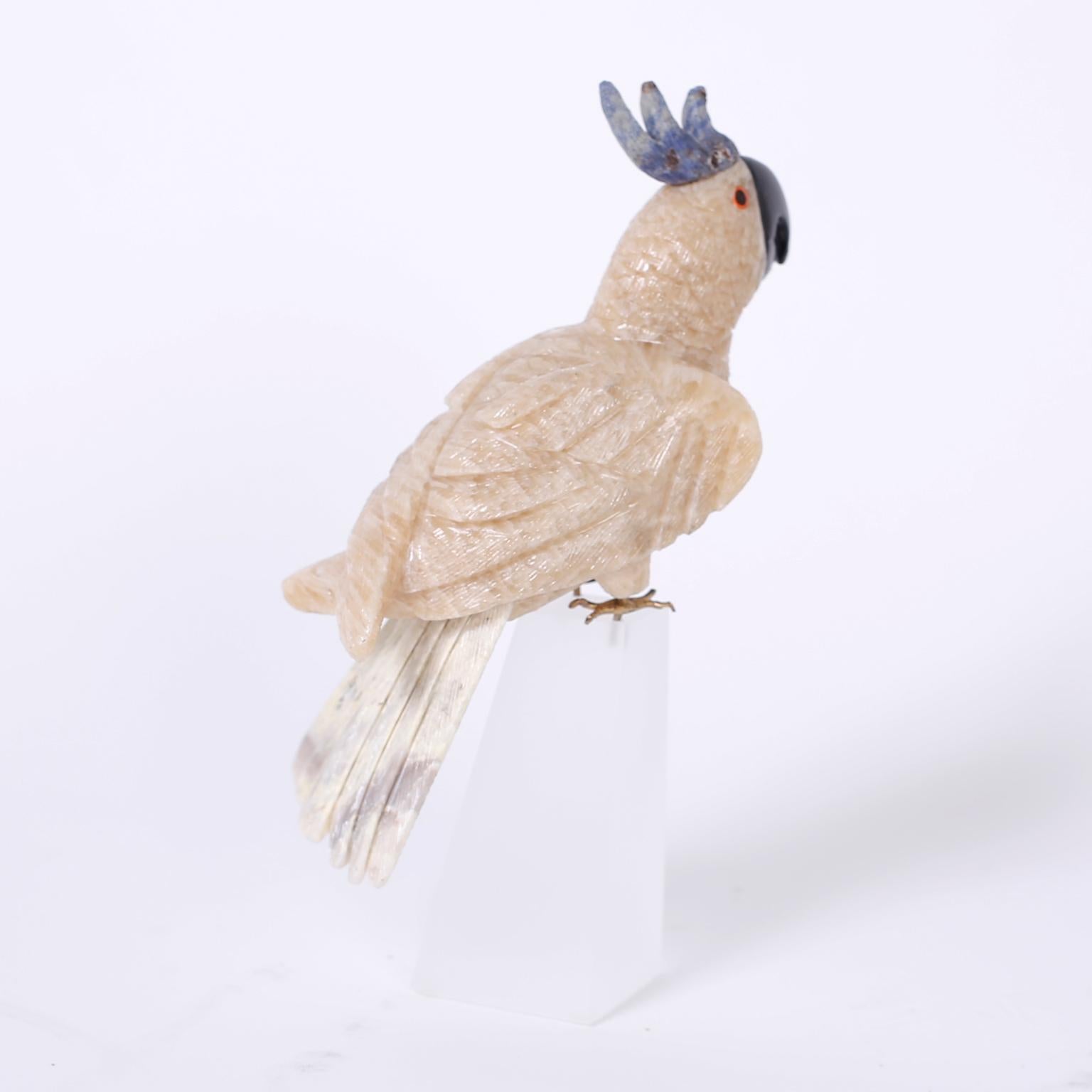 20th Century Carved Stone Parrot on a Frosted Lucite Base For Sale