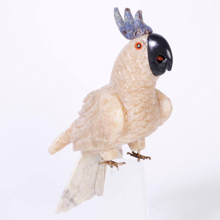 Precious Stone Carved Stone Parrot on a Frosted Lucite Base For Sale