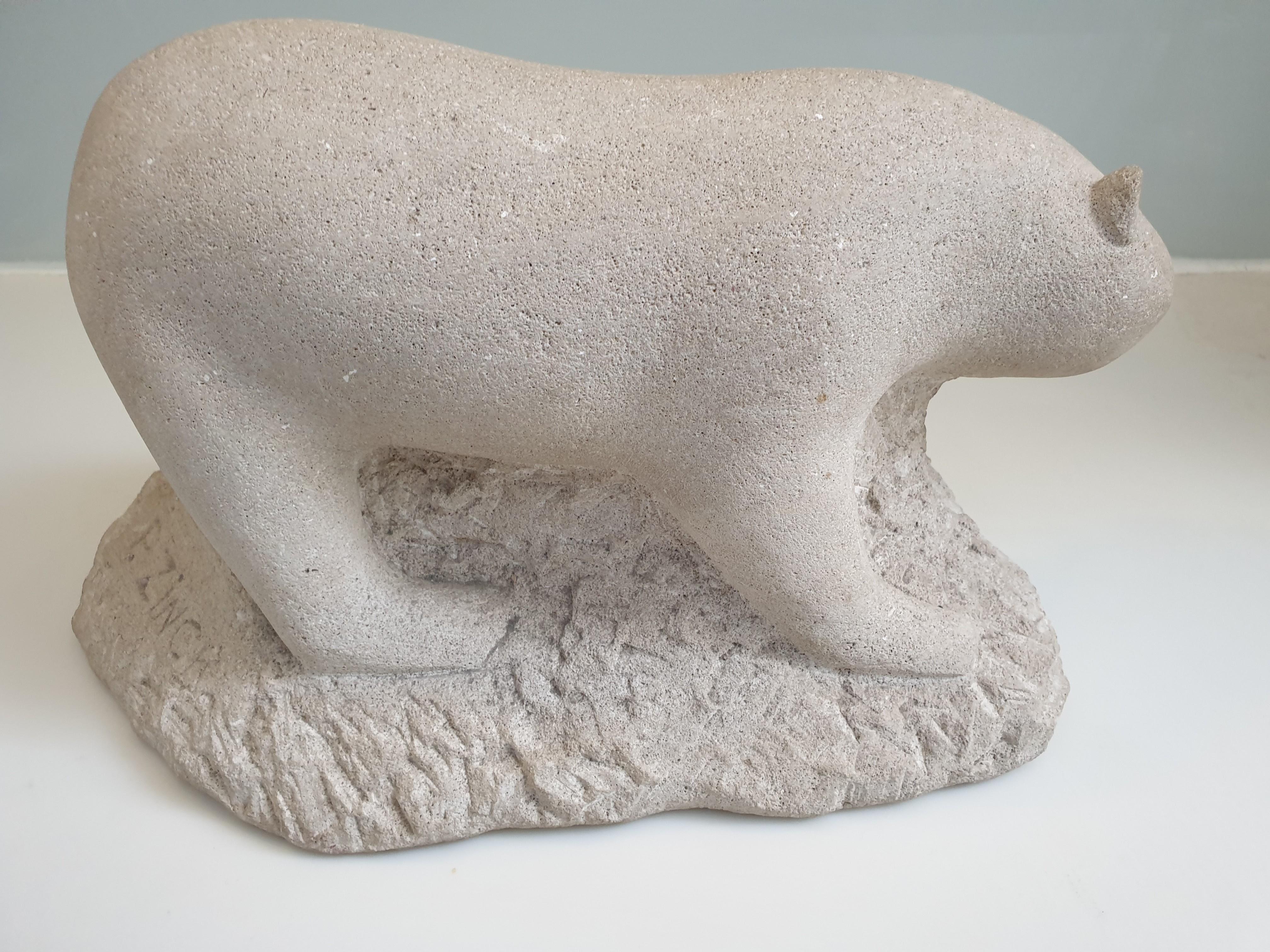 Belgian Carved stone sculpture of a polar bear, signed. For Sale
