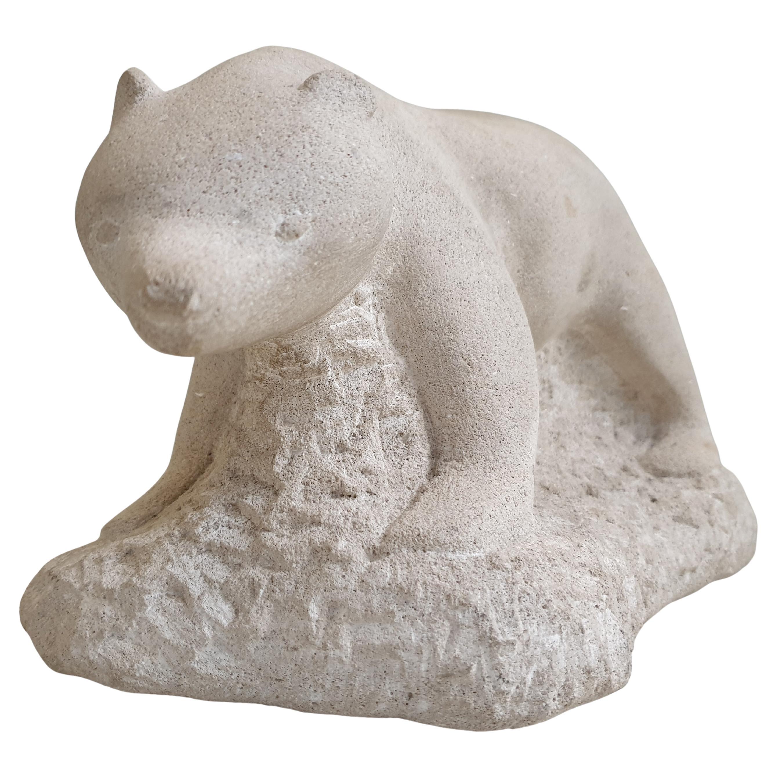 Carved stone sculpture of a polar bear, signed. For Sale