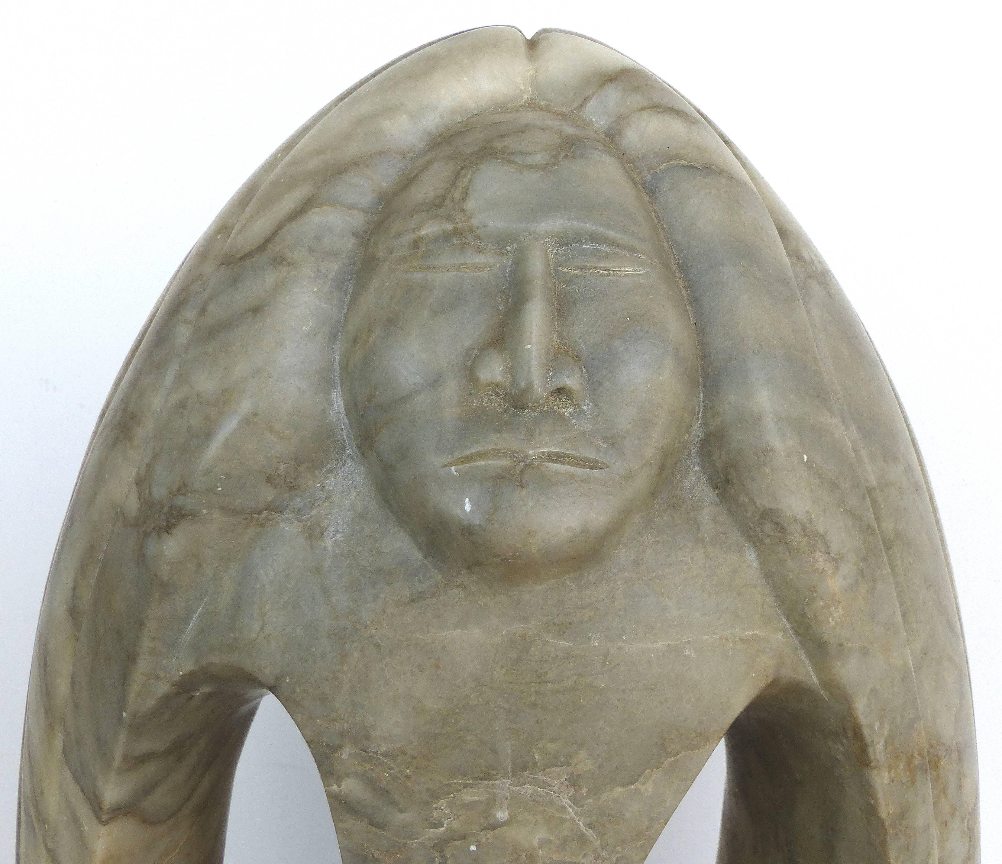 Late 20th Century Carved Stone Sculpture of a Southwestern Figure of a Native Woman on Wood Base