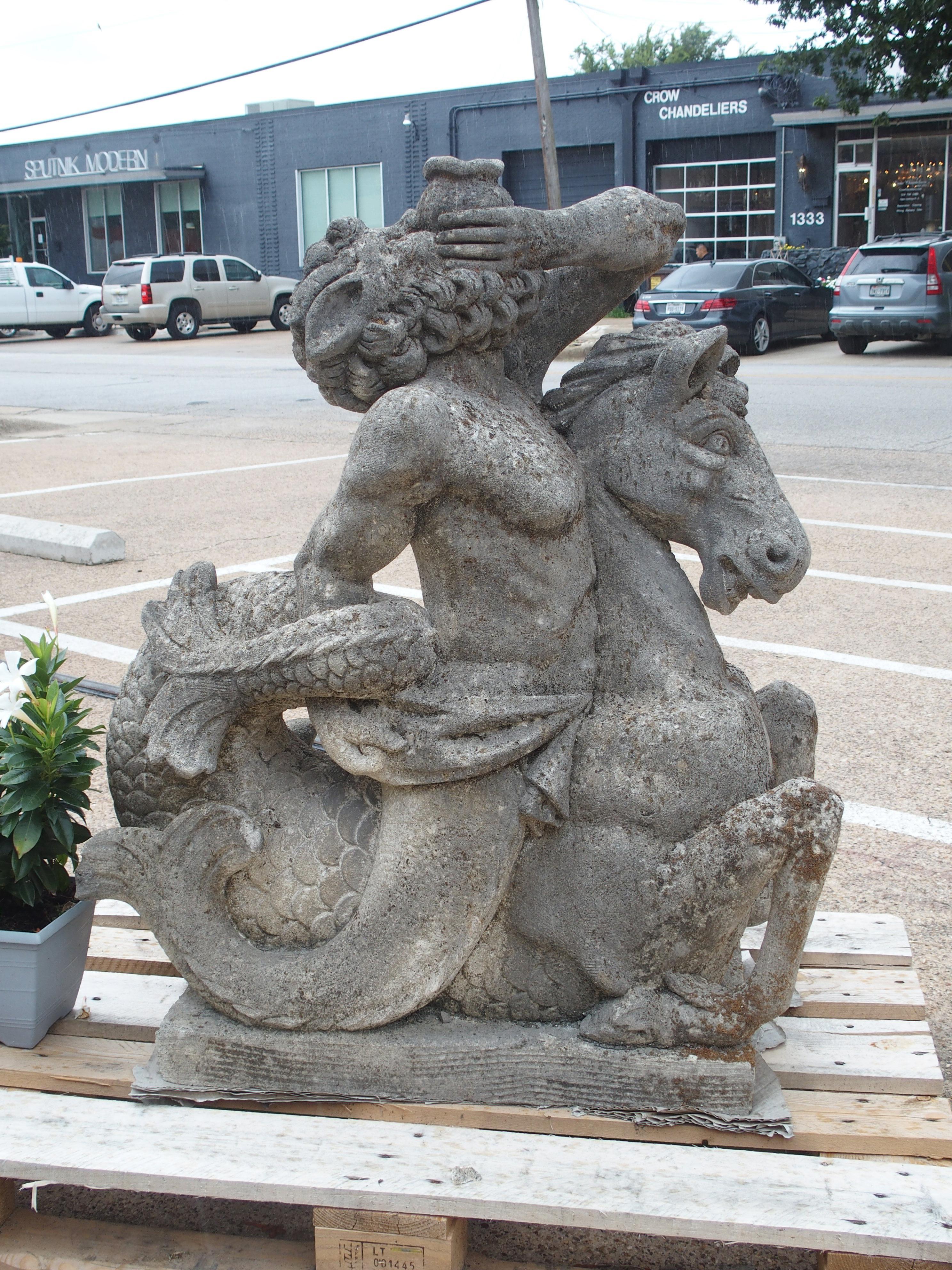 Carved Stone Sculpture or Fountain Element of Triton and Seahorse 9