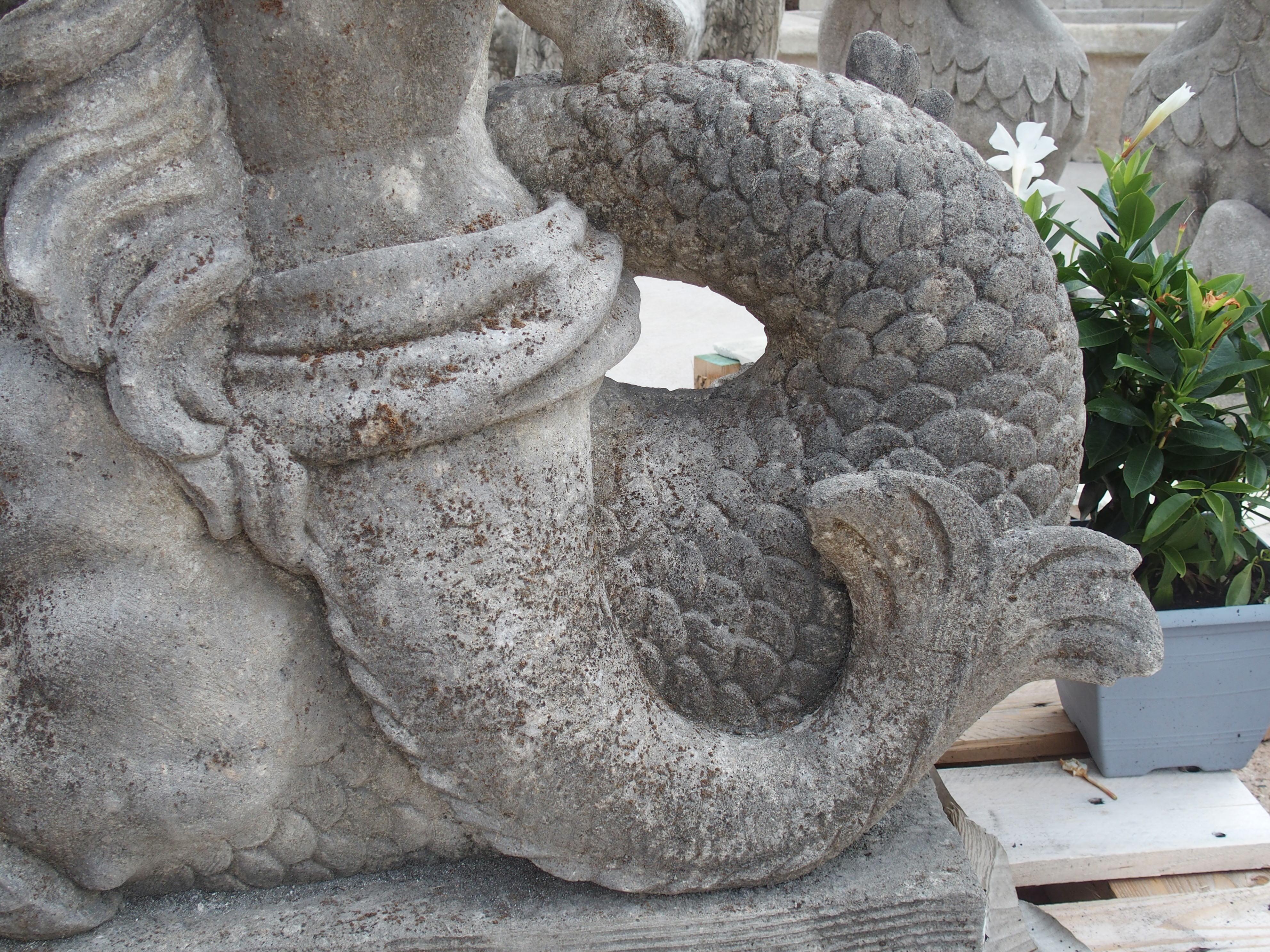 Hand-Carved Carved Stone Sculpture or Fountain Element of Triton and Seahorse