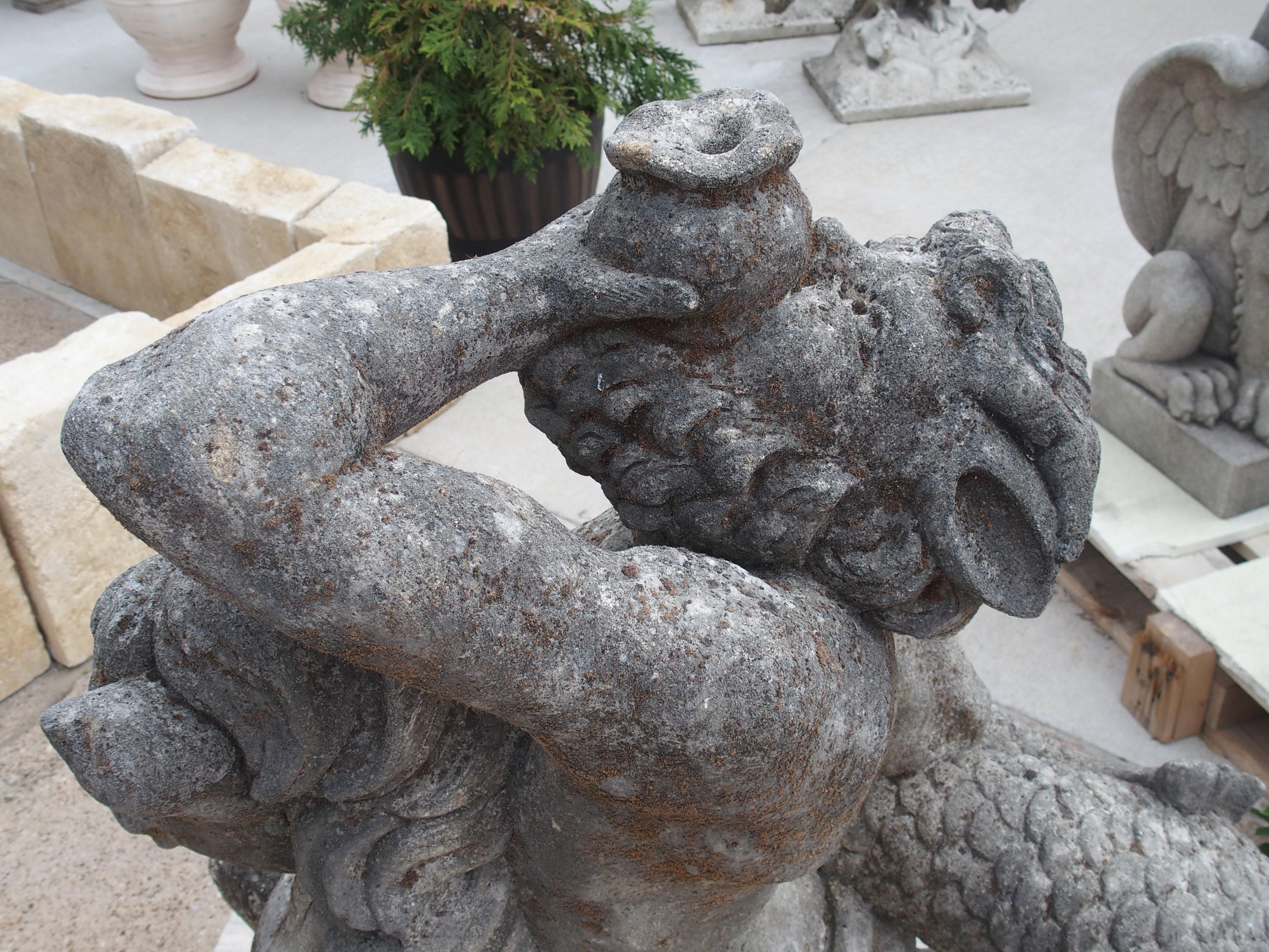 Carved Stone Sculpture or Fountain Element of Triton and Seahorse In Good Condition In Dallas, TX