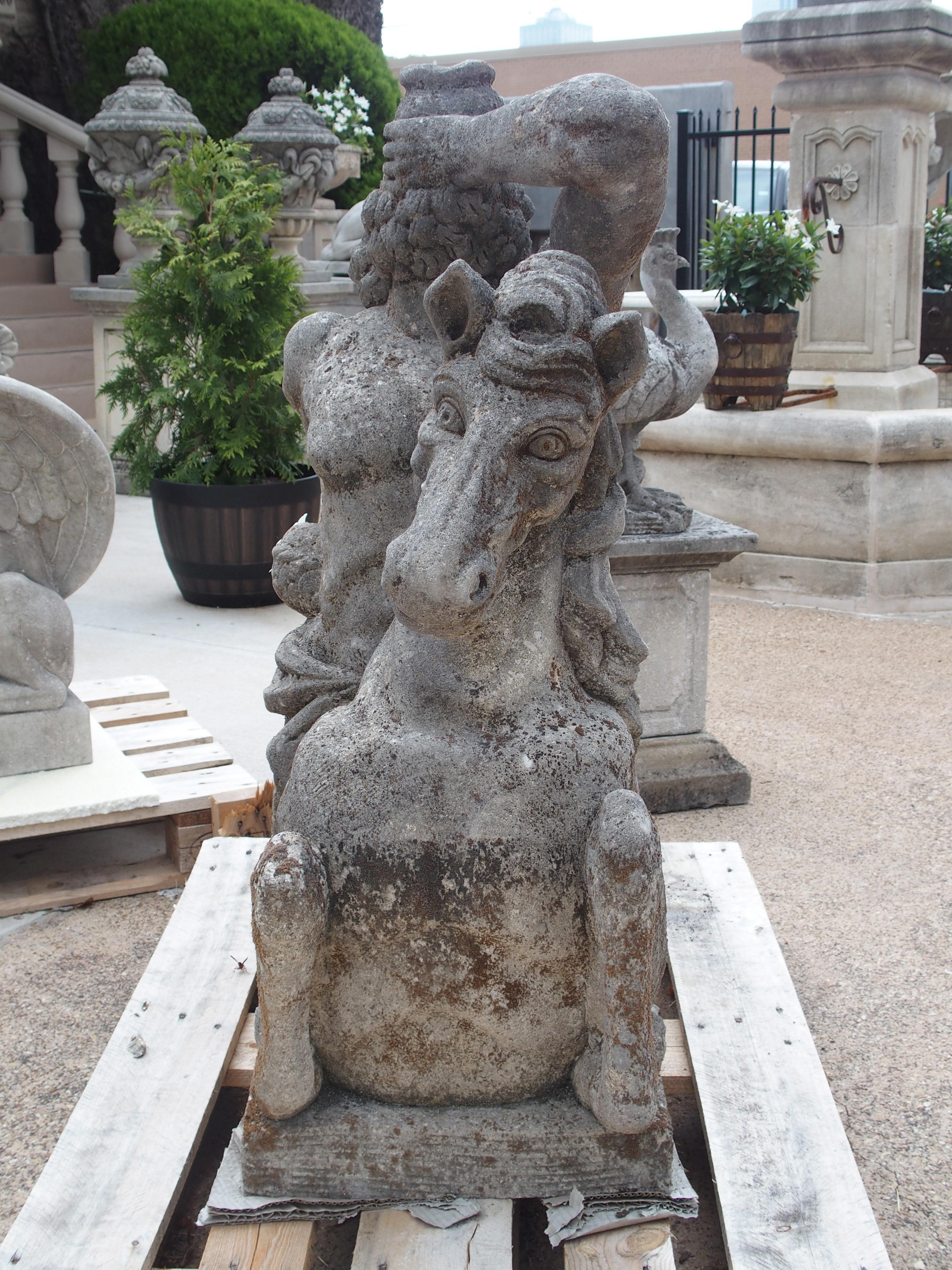 Contemporary Carved Stone Sculpture or Fountain Element of Triton and Seahorse